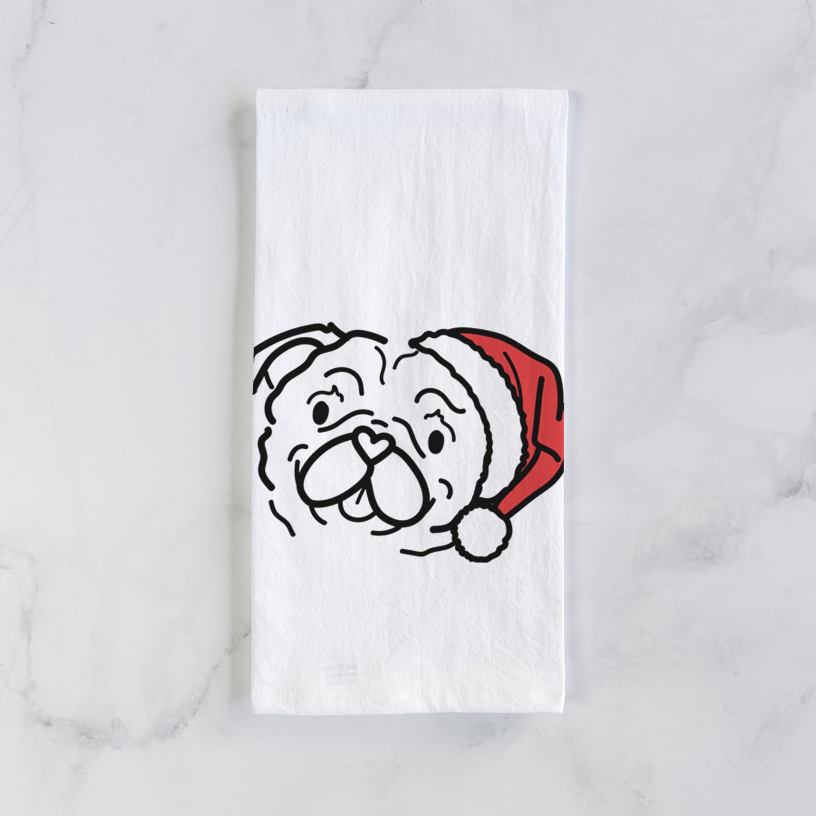 Minimalist line drawing of Pip the Pug wearing a Santa hat on a tea towel