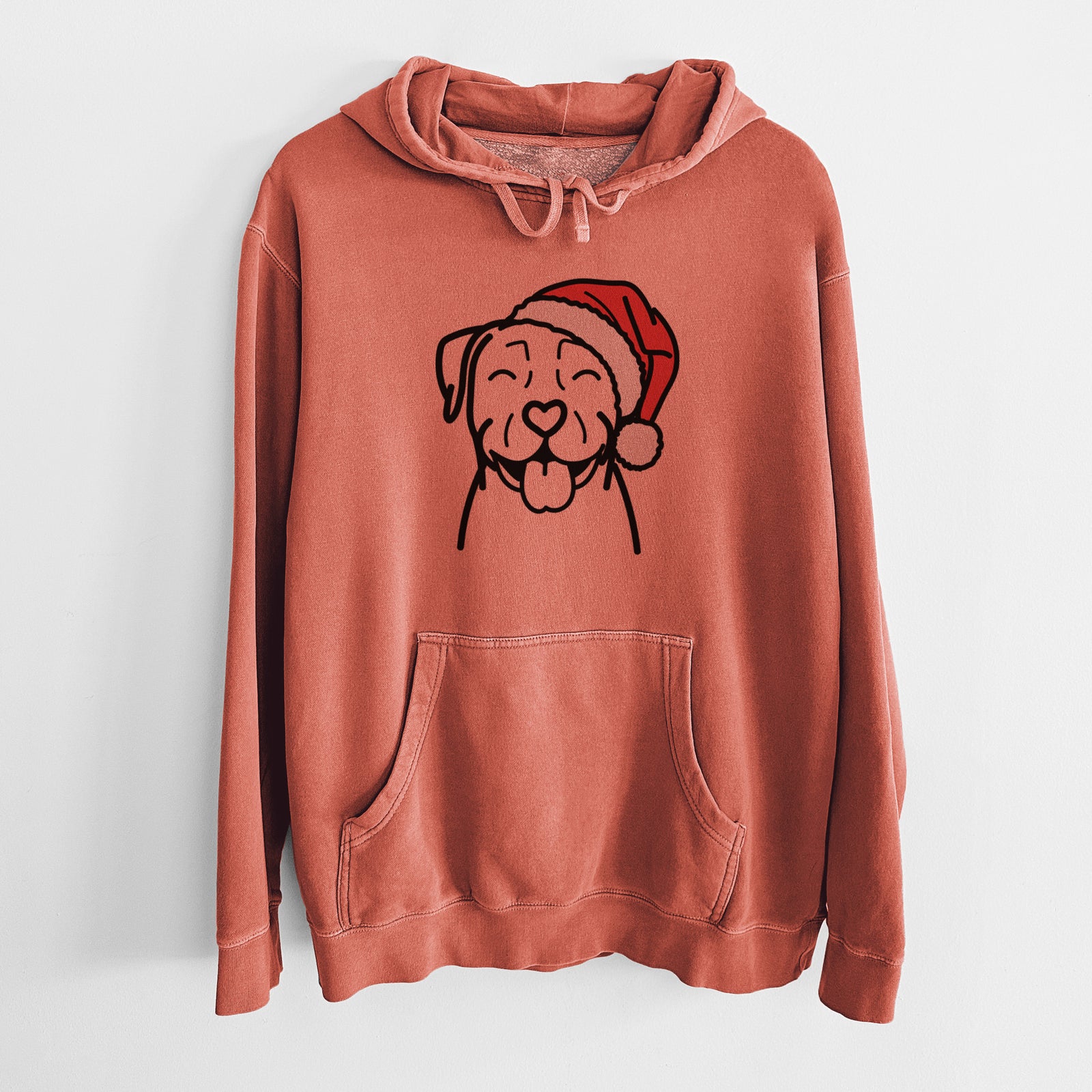 Minimalist line drawing of a Pitbull wearing a Santa hat on an Amber Unisex pigment dyed hoodie