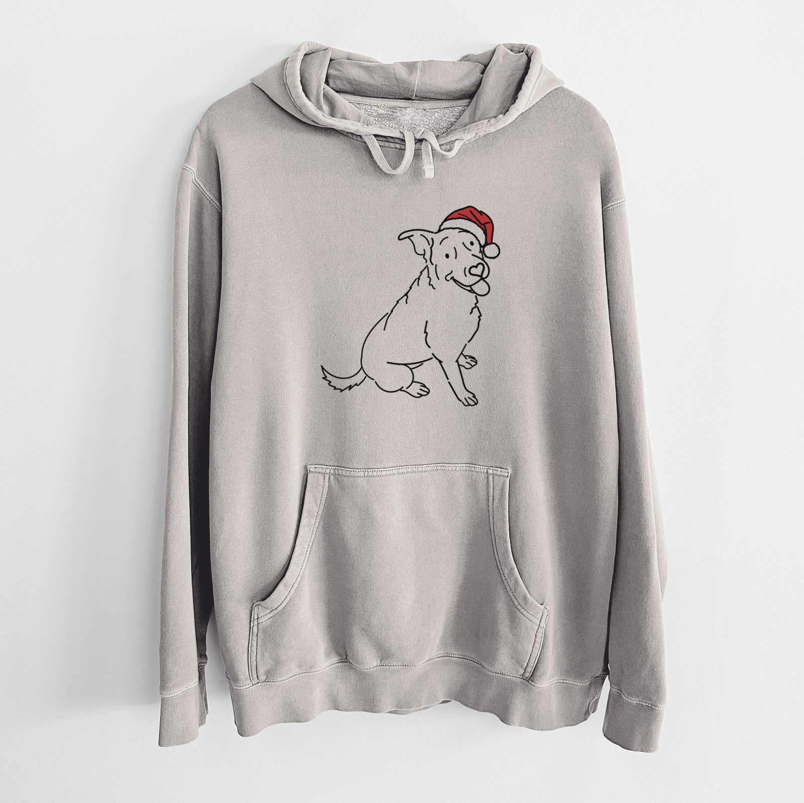 Minimalist line drawing of Rocky the Rottweiler Mix wearing a Santa hat on a Cement Unisex pigment dyed hoodie