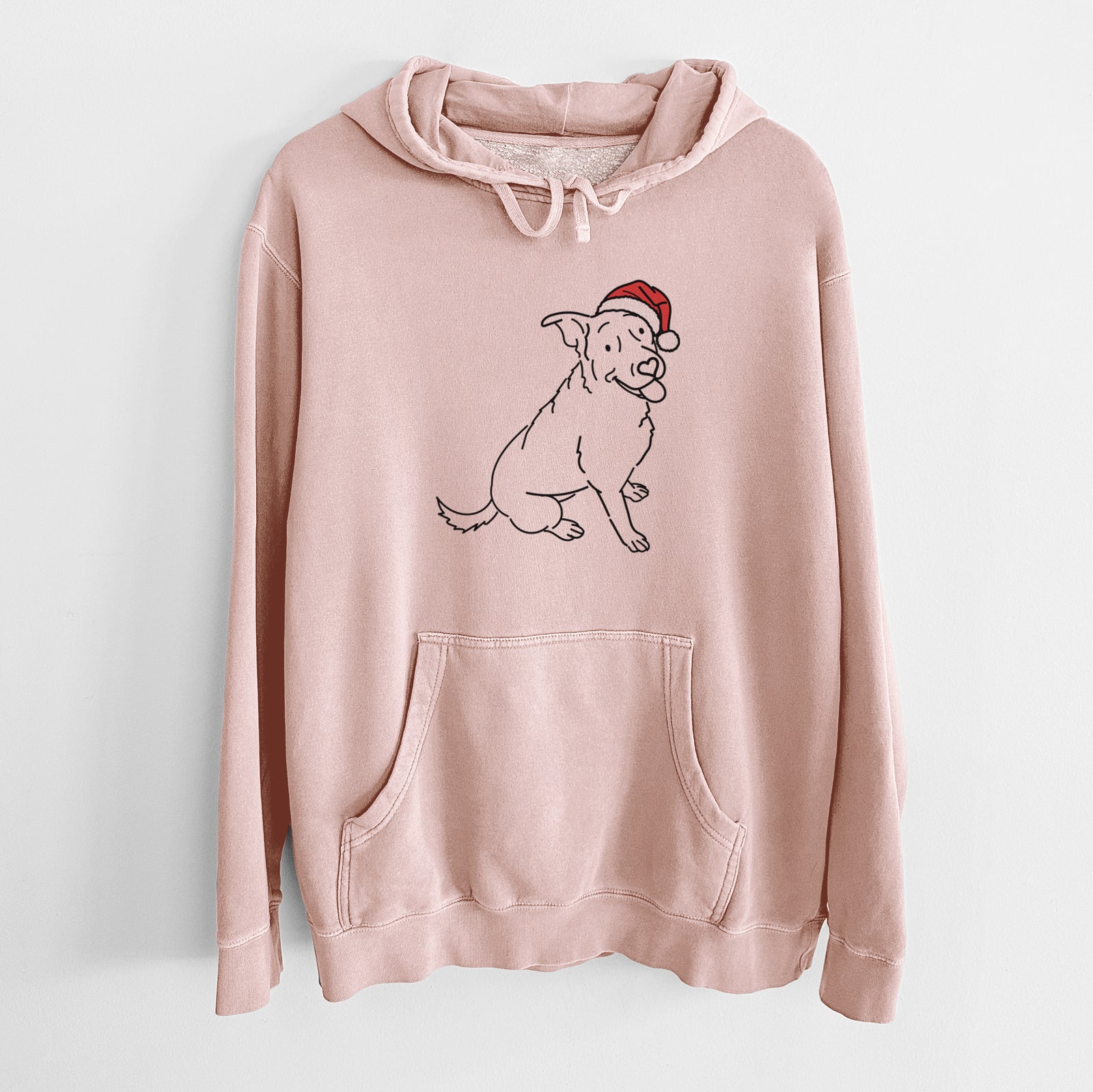 Minimalist line drawing of Rocky the Rottweiler Mix wearing a Santa hat on a Dusty Pink Unisex pigment dyed hoodie