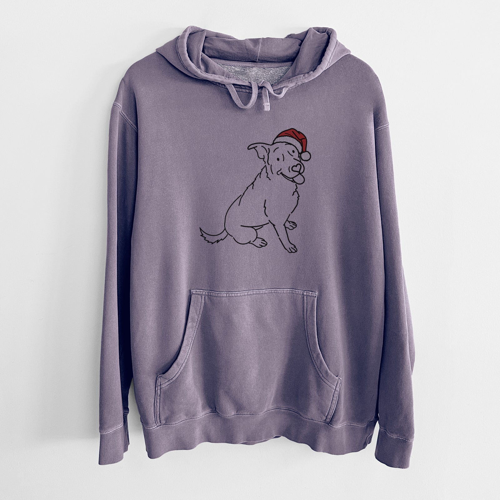 Minimalist line drawing of Rocky the Rottweiler Mix wearing a Santa hat on a Plum Unisex pigment dyed hoodie