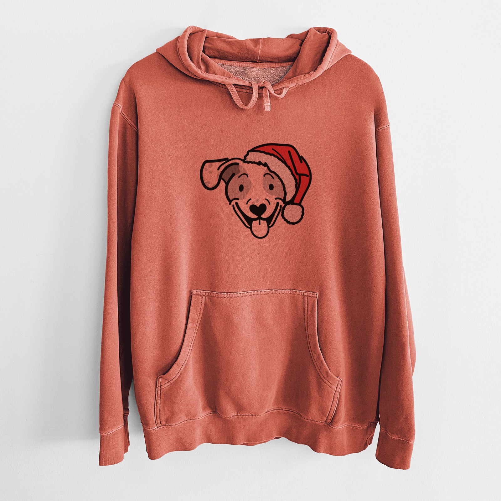Minimalist line drawing of Roland the Beagle Mix wearing a Santa hat on an Amber Unisex pigment dyed hoodie
