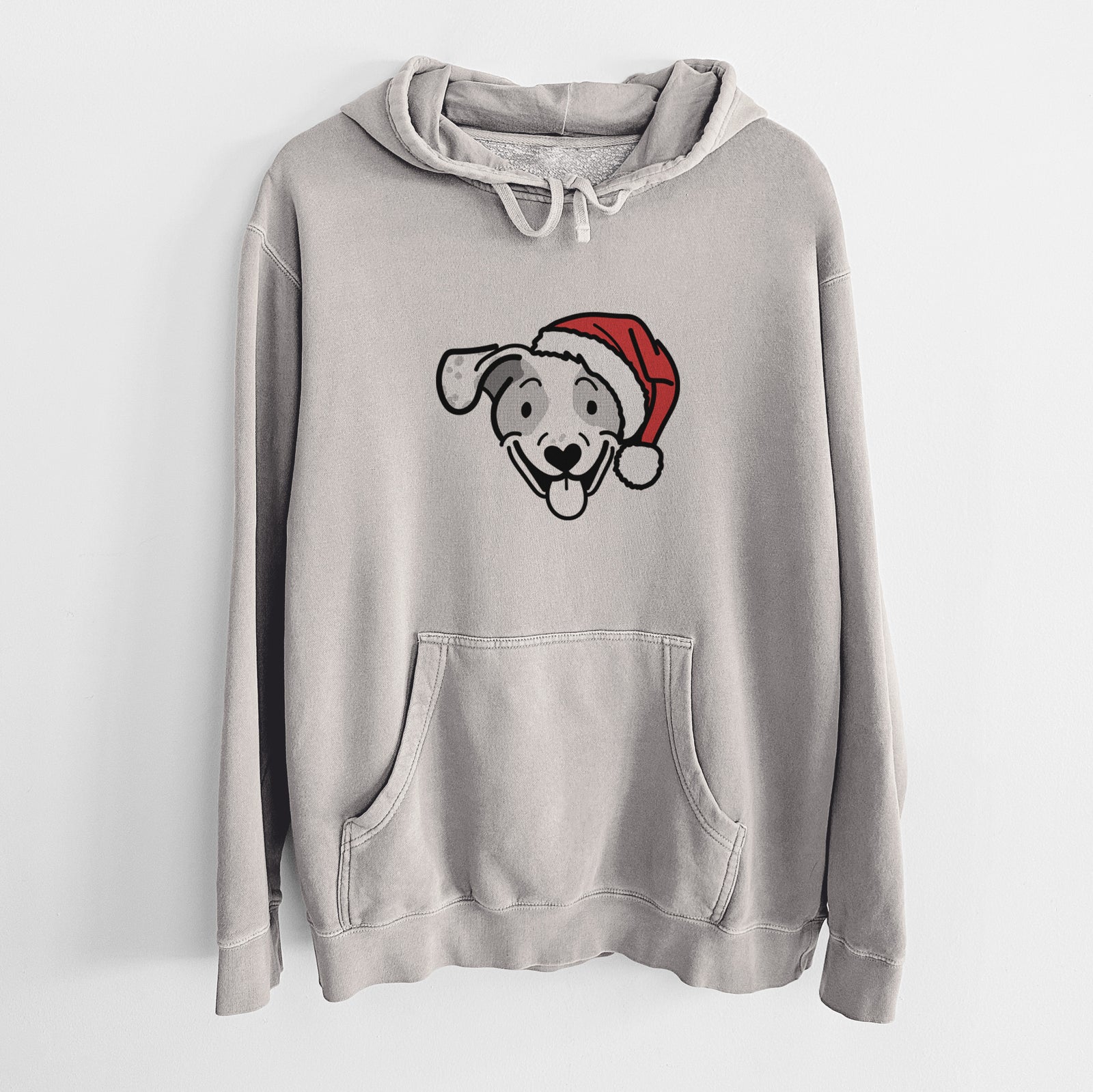 Minimalist line drawing of Roland the Beagle Mix wearing a Santa hat on a Cement Unisex pigment dyed hoodie