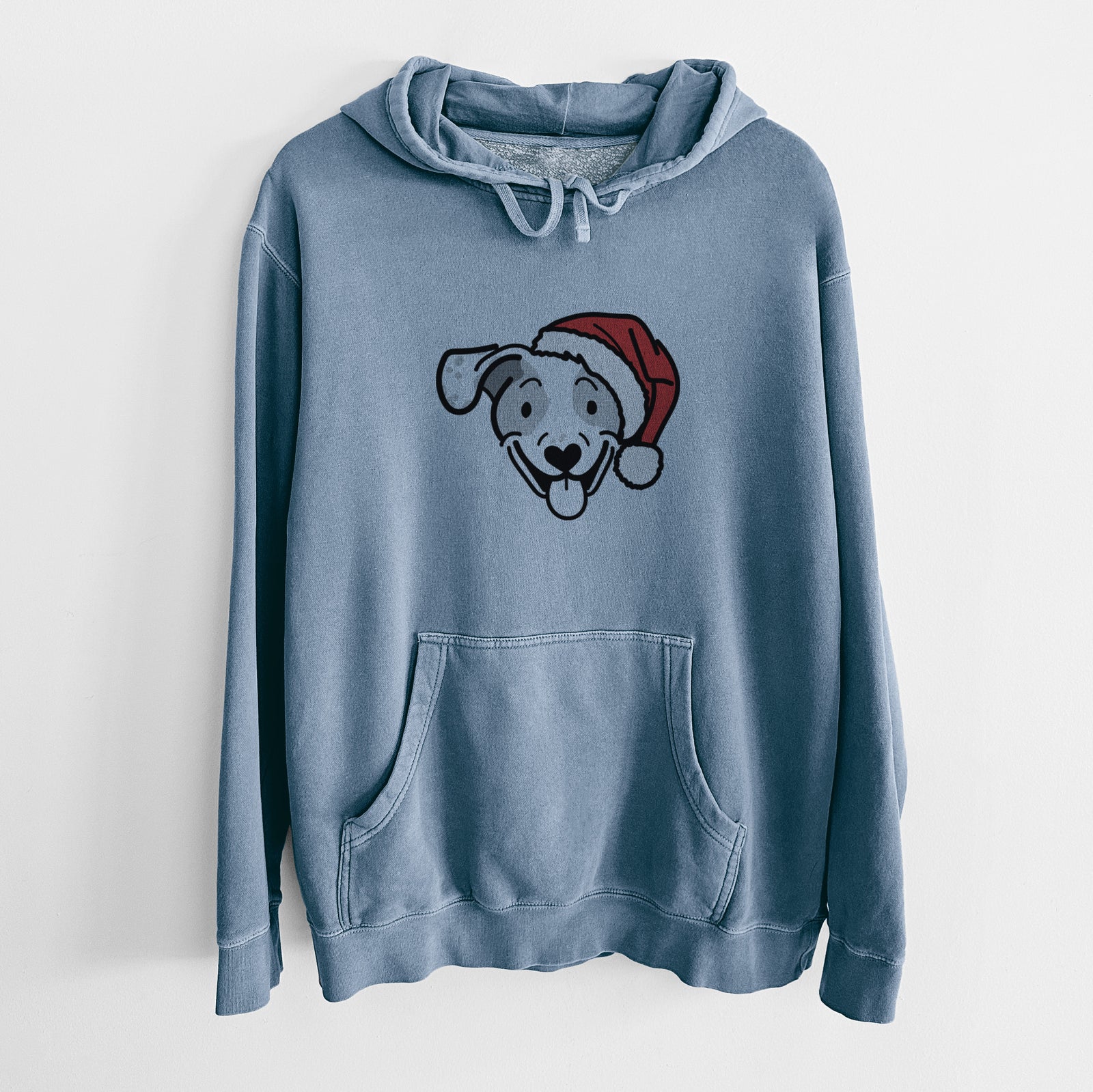 Minimalist line drawing of Roland the Beagle Mix wearing a Santa hat on a Slate Blue Unisex pigment dyed hoodie