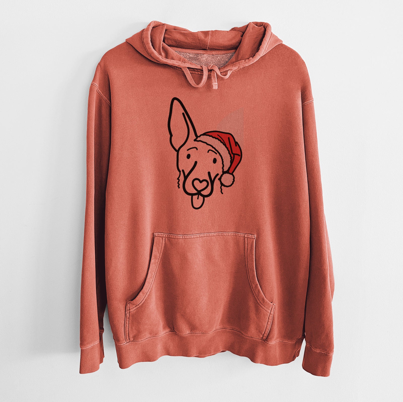 Minimalist line drawing of Rosie the Shepherd Mix wearing a Santa hat on an Amber Unisex pigment dyed hoodie