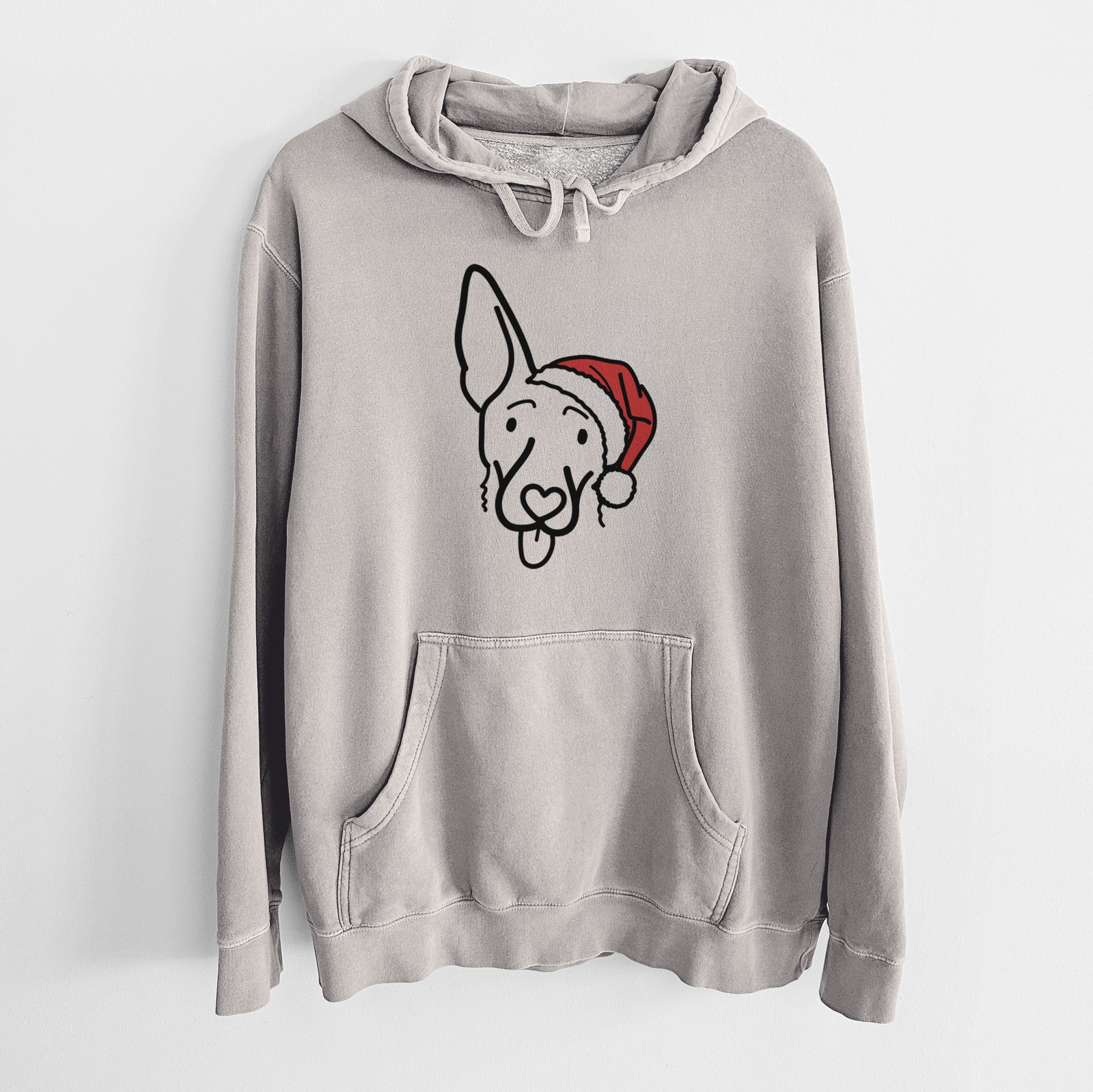Minimalist line drawing of Rosie the Shepherd Mix wearing a Santa hat on a Cement Unisex pigment dyed hoodie