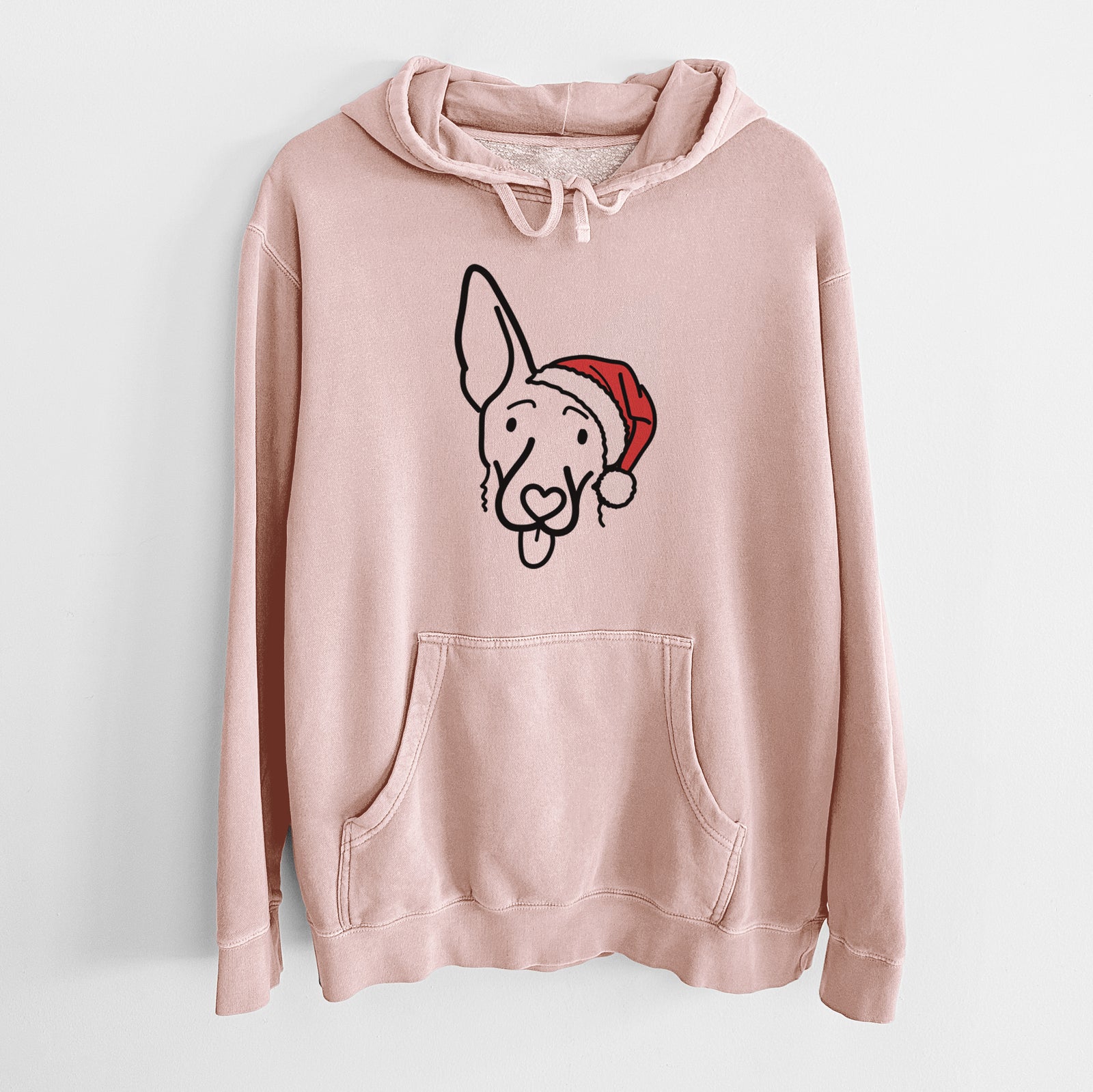 Minimalist line drawing of Rosie the Shepherd Mix wearing a Santa hat on a Dusty Pink Unisex pigment dyed hoodie