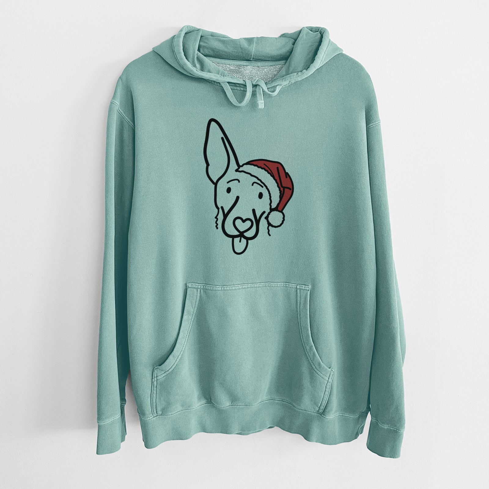 Minimalist line drawing of Rosie the Shepherd Mix wearing a Santa hat on a Mint Unisex pigment dyed hoodie