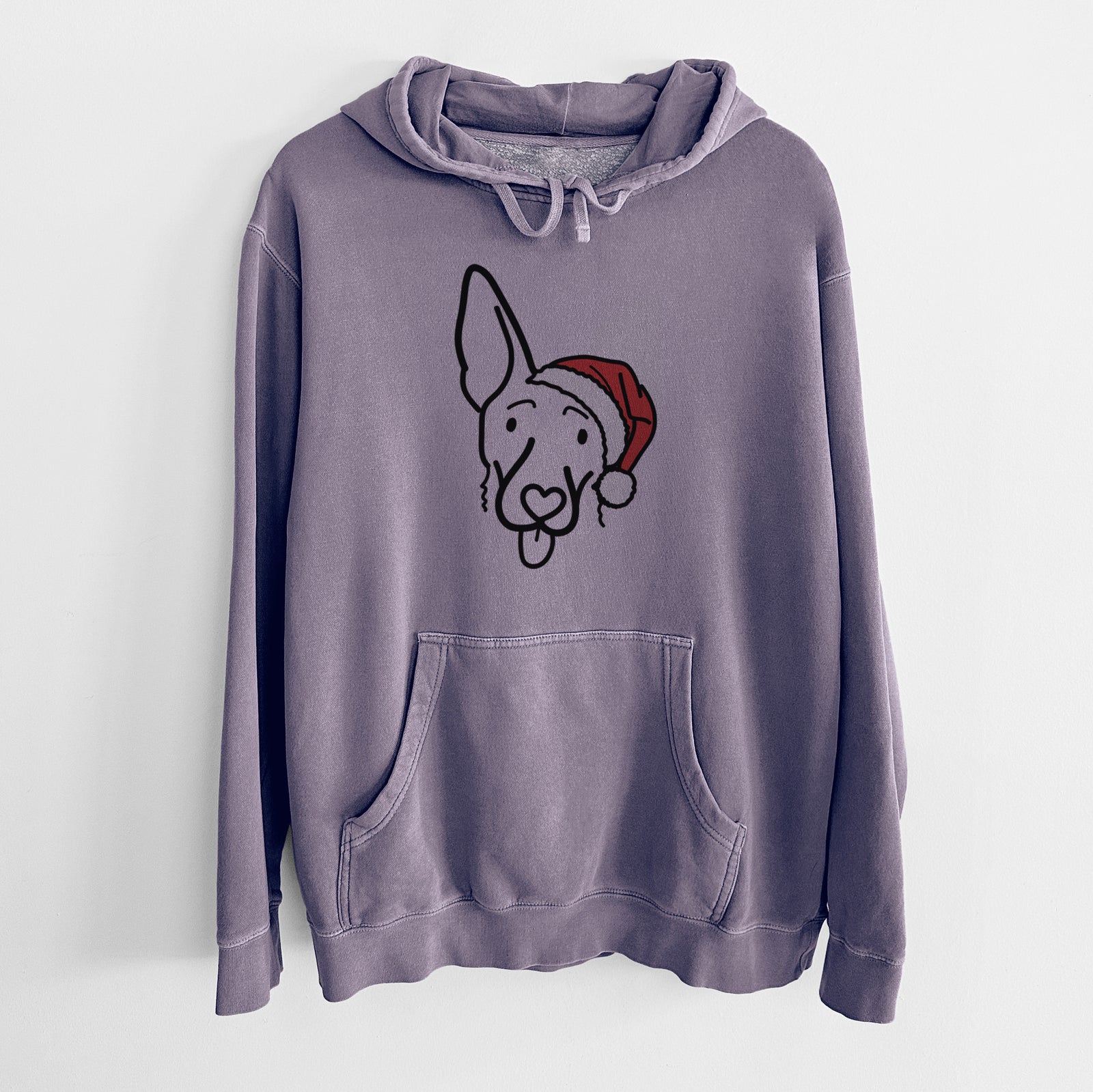 Minimalist line drawing of Rosie the Shepherd Mix wearing a Santa hat on a Plum Unisex pigment dyed hoodie