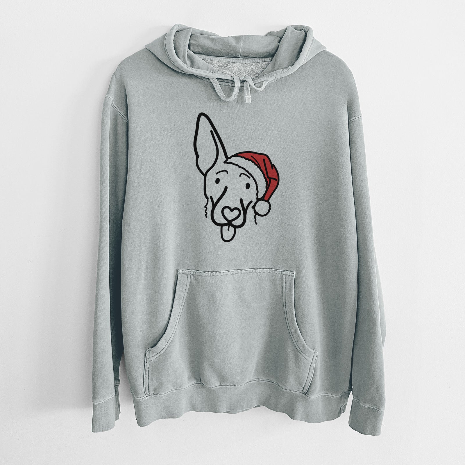 Minimalist line drawing of Rosie the Shepherd Mix wearing a Santa hat on a Sage Unisex pigment dyed hoodie