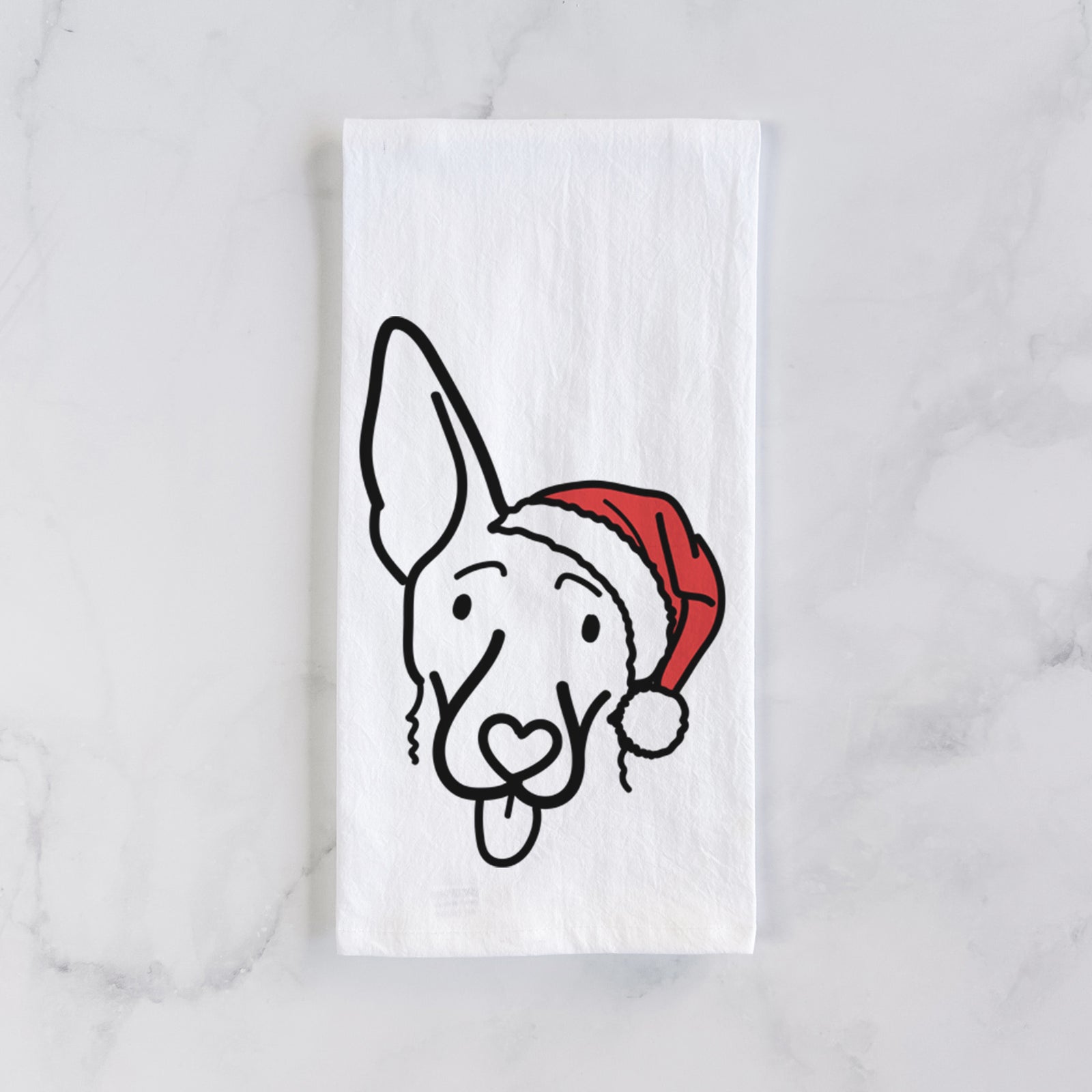 Minimalist line drawing of Rosie the Shepherd Mix wearing a Santa hat on a tea towel