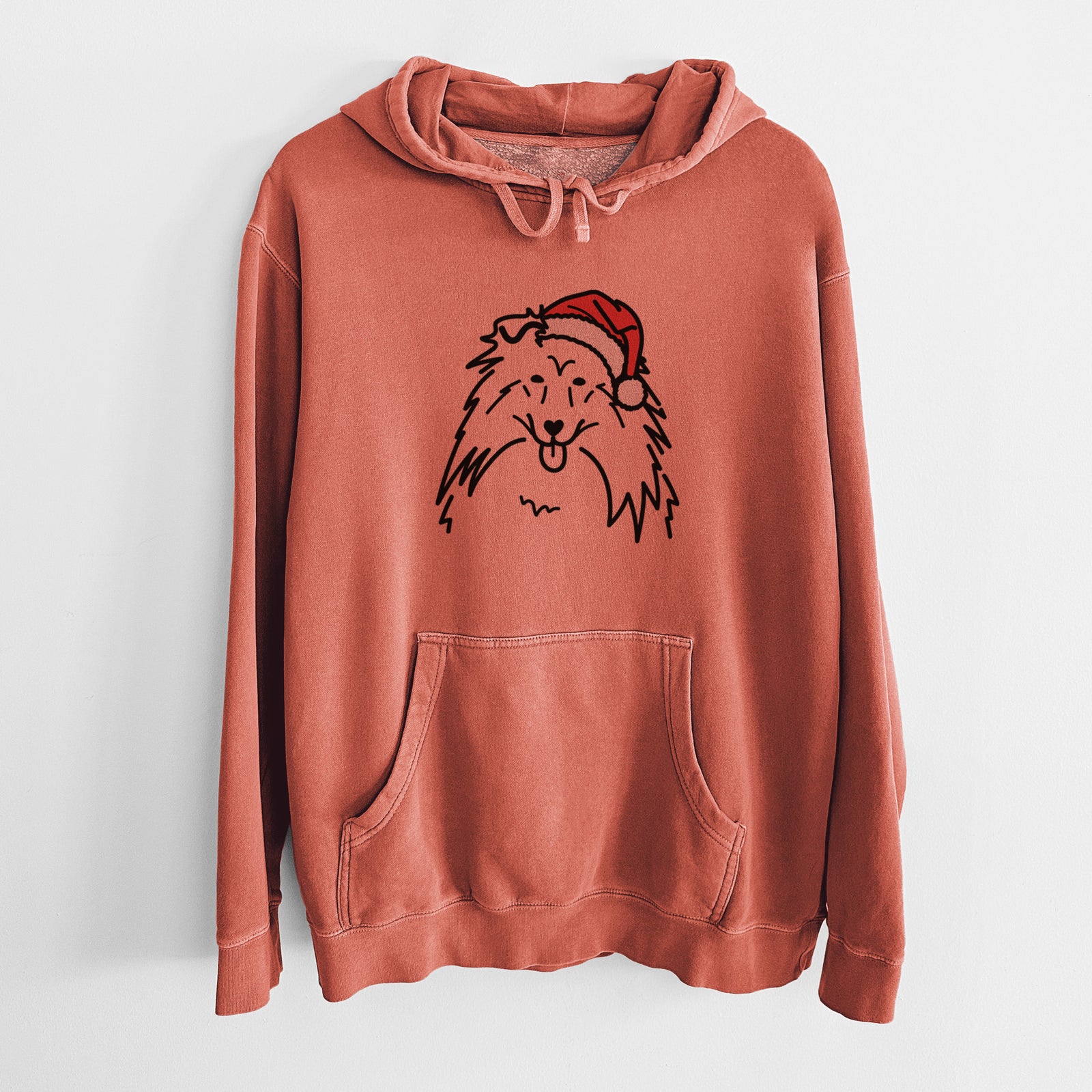 Minimalist line drawing of a Rough Collie wearing a Santa hat on an Amber Unisex pigment dyed hoodie