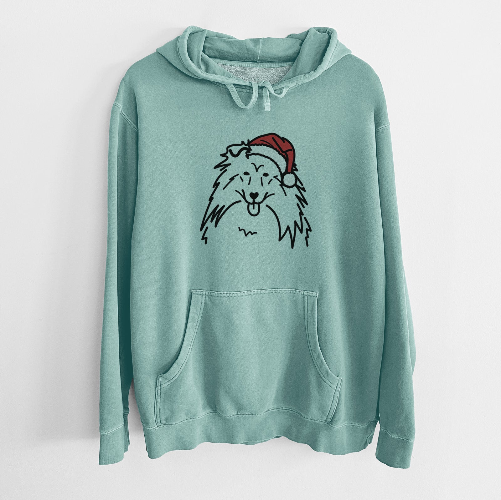 Minimalist line drawing of a Rough Collie wearing a Santa hat on a Mint Unisex pigment dyed hoodie