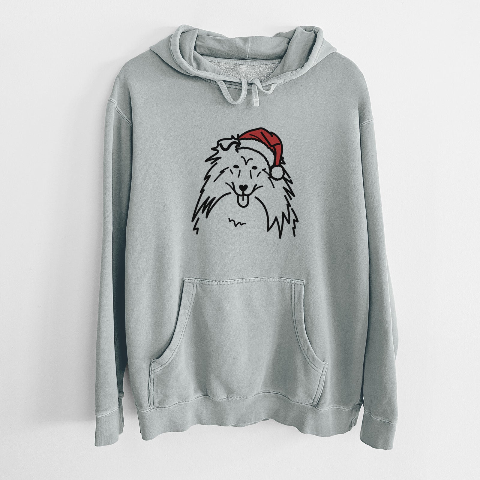 Minimalist line drawing of a Rough Collie wearing a Santa hat on a Sage Unisex pigment dyed hoodie