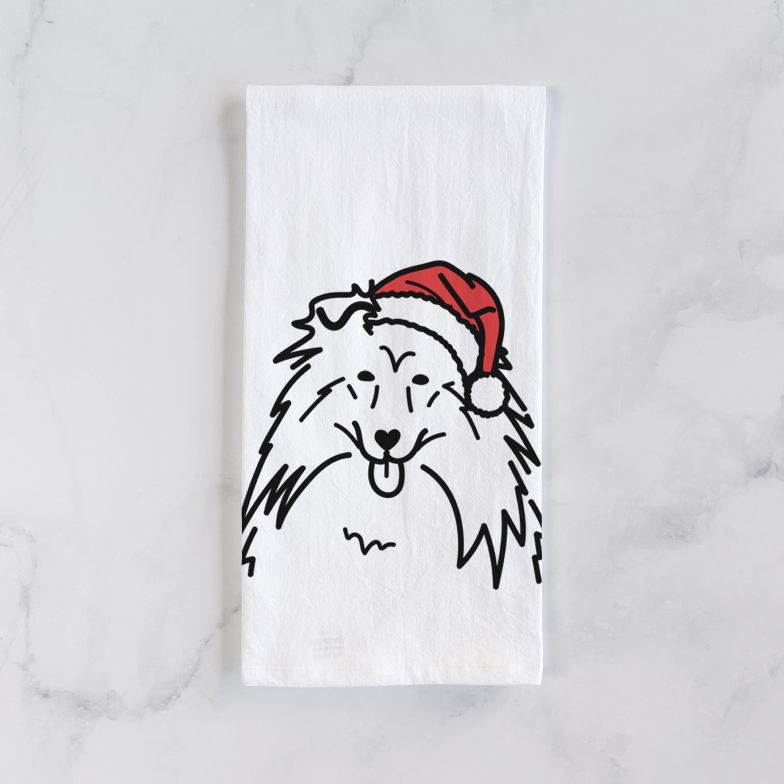Minimalist line drawing of a Rough Collie wearing a Santa hat on a tea towel