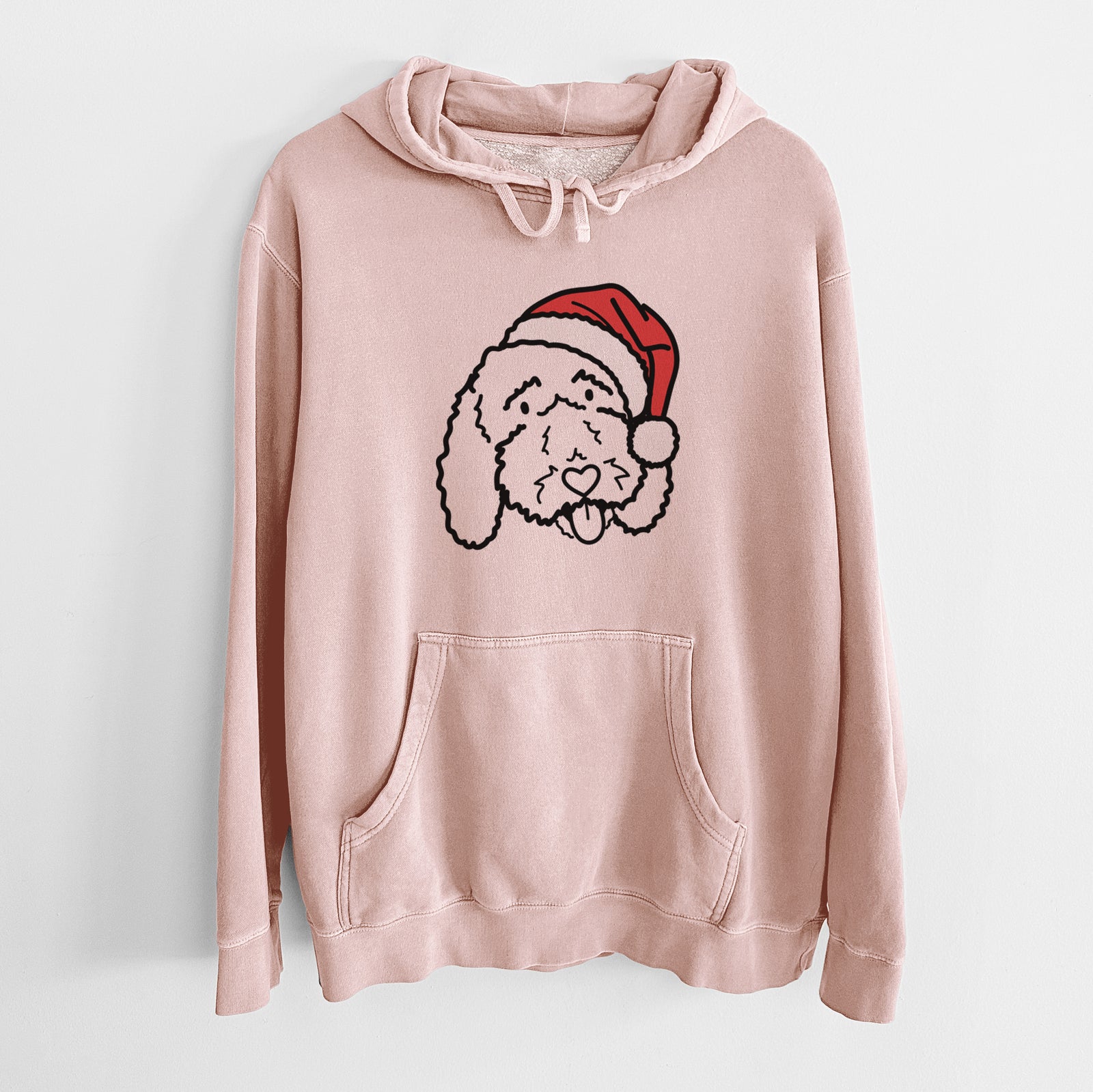 Minimalist line drawing of Ruby the Bernedoodle wearing a Santa hat on a Dusty Pink Unisex pigment dyed hoodie