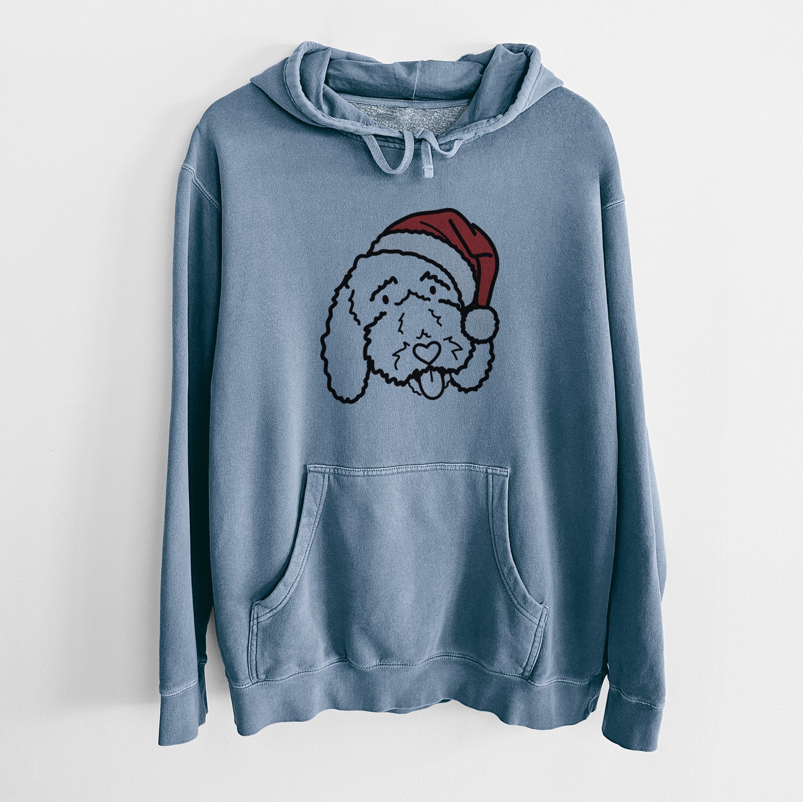 Minimalist line drawing of Ruby the Bernedoodle wearing a Santa hat on a Slate Blue Unisex pigment dyed hoodie