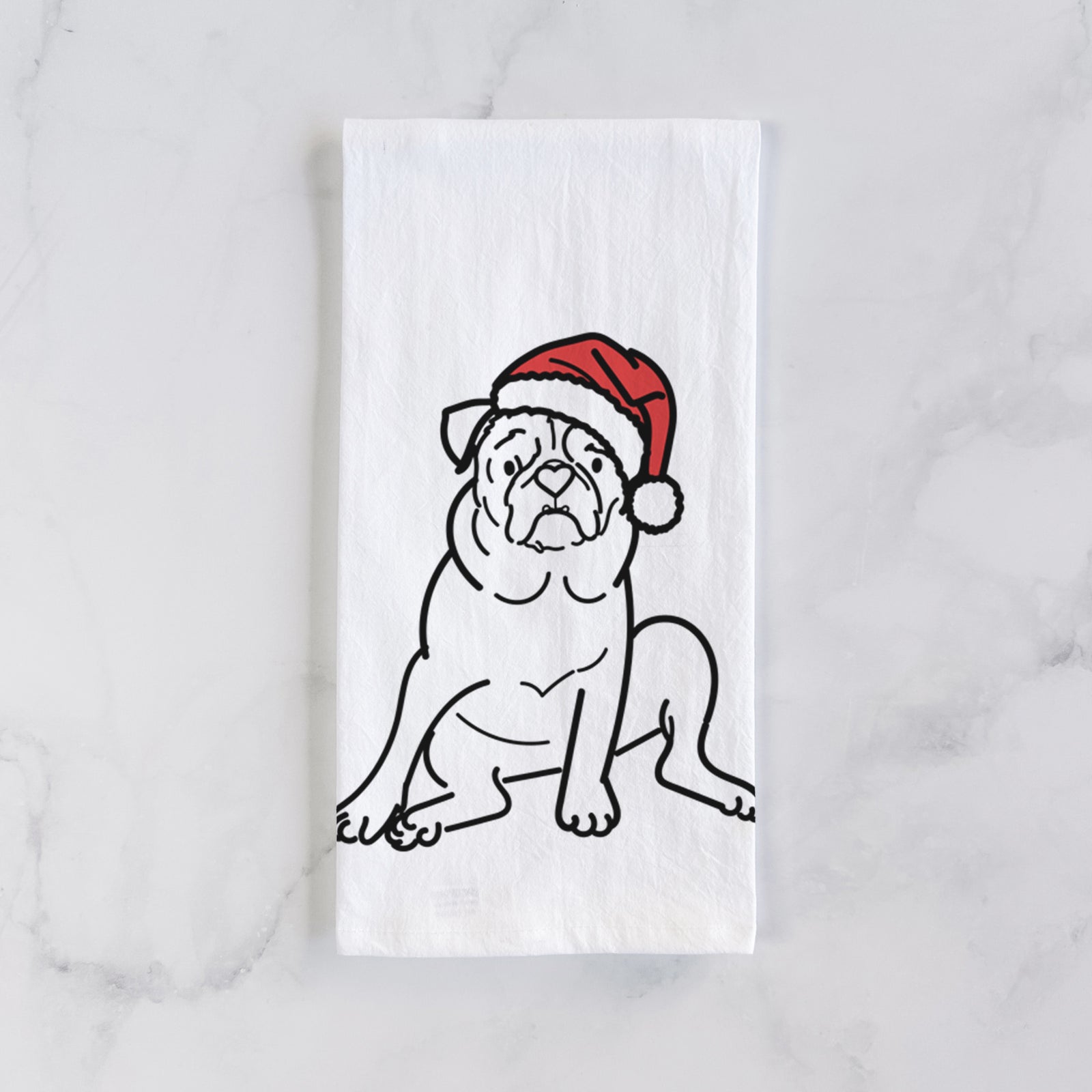 Minimalist line drawing of Rudy the Pug wearing a Santa hat on a tea towel
