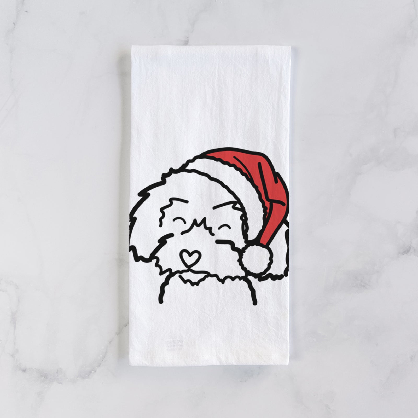 Minimalist line drawing of a Schnoodle wearing a Santa hat on a tea towel