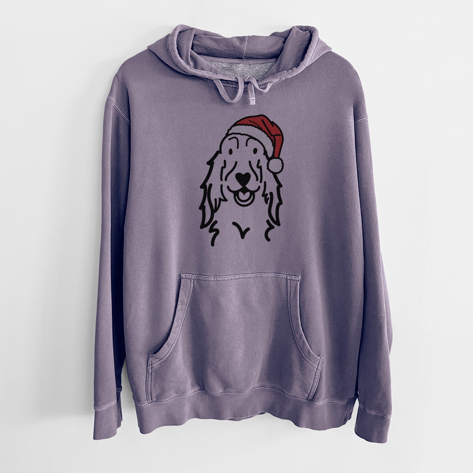 Minimalist line drawing of a Setter wearing a Santa hat on a Plum Unisex pigment dyed hoodie
