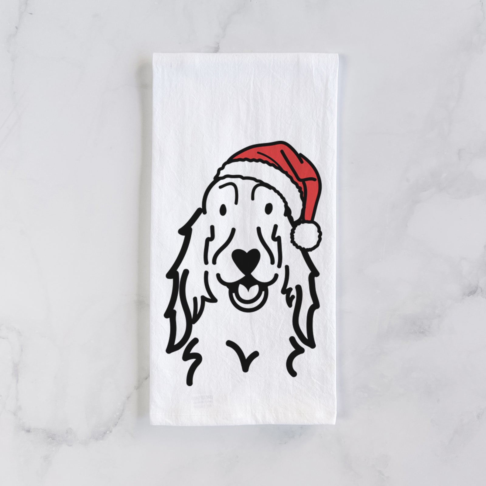 Minimalist line drawing of a Setter wearing a Santa hat on a tea towel