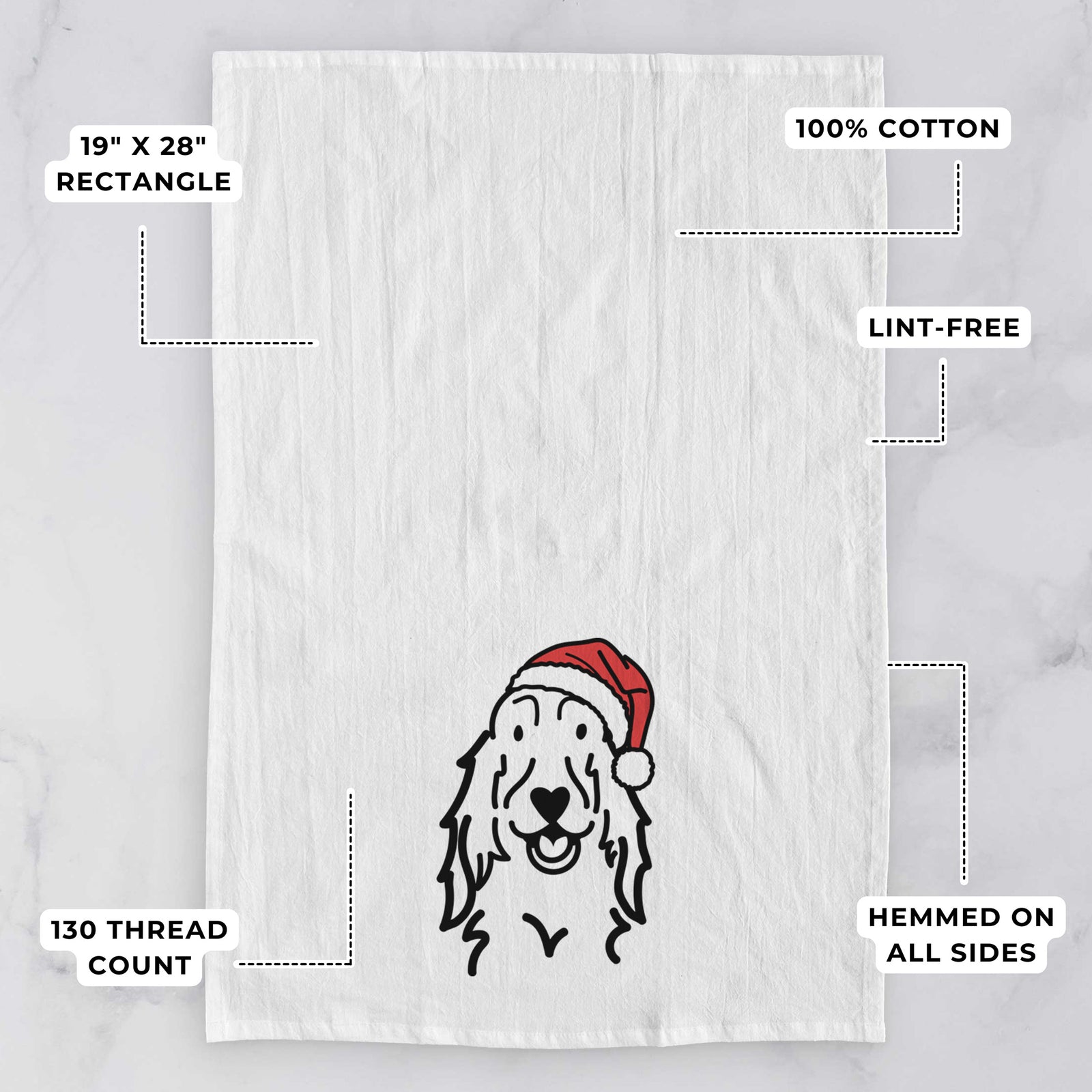 Minimalist line drawing of a Setter wearing a Santa hat on a tea towel, with feature callouts: 19 x 28 inch rectangle, 100% cotton, lint-free, 120 thread count, hemmed on all sides