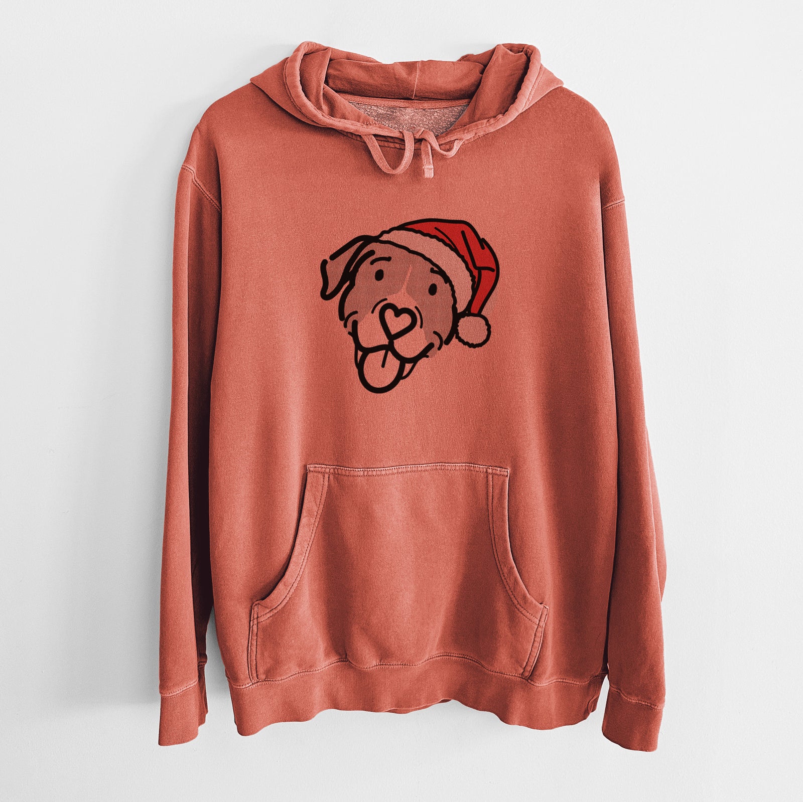 Minimalist line drawing of Shadow the Pitbull Mix wearing a Santa hat on an Amber Unisex pigment dyed hoodie