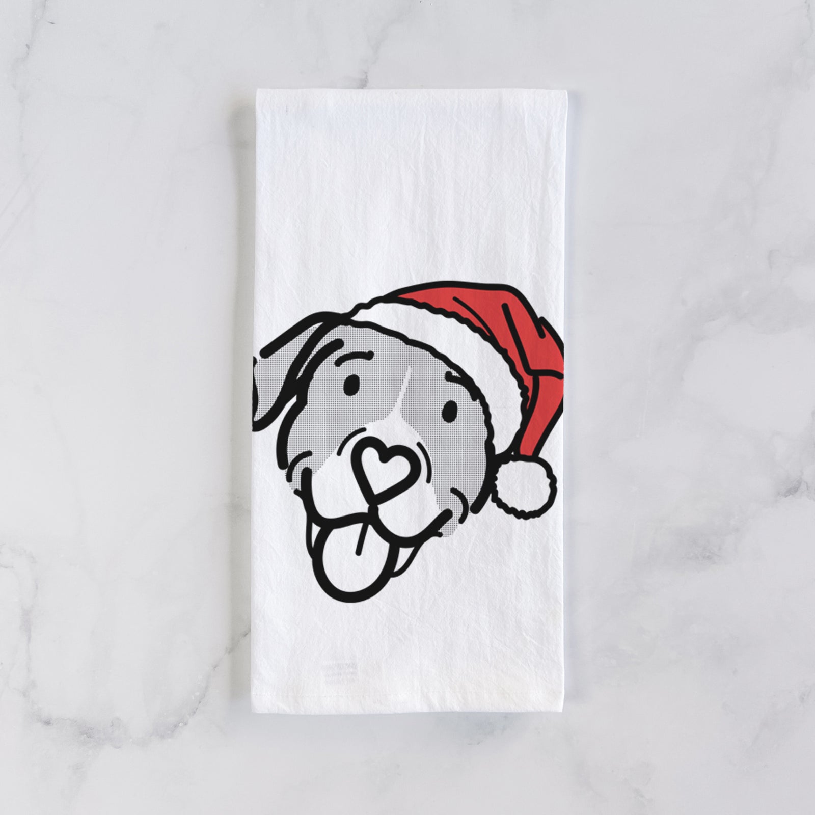 Minimalist line drawing of Shadow the Pitbull Mix wearing a Santa hat on a tea towel