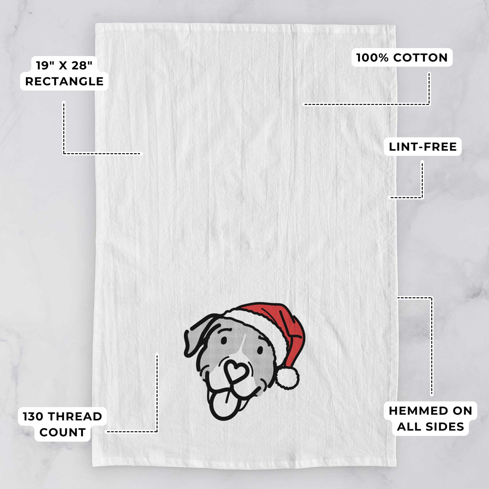 Minimalist line drawing of Shadow the Pitbull Mix wearing a Santa hat on a tea towel, with feature callouts: 19 x 28 inch rectangle, 100% cotton, lint-free, 120 thread count, hemmed on all sides