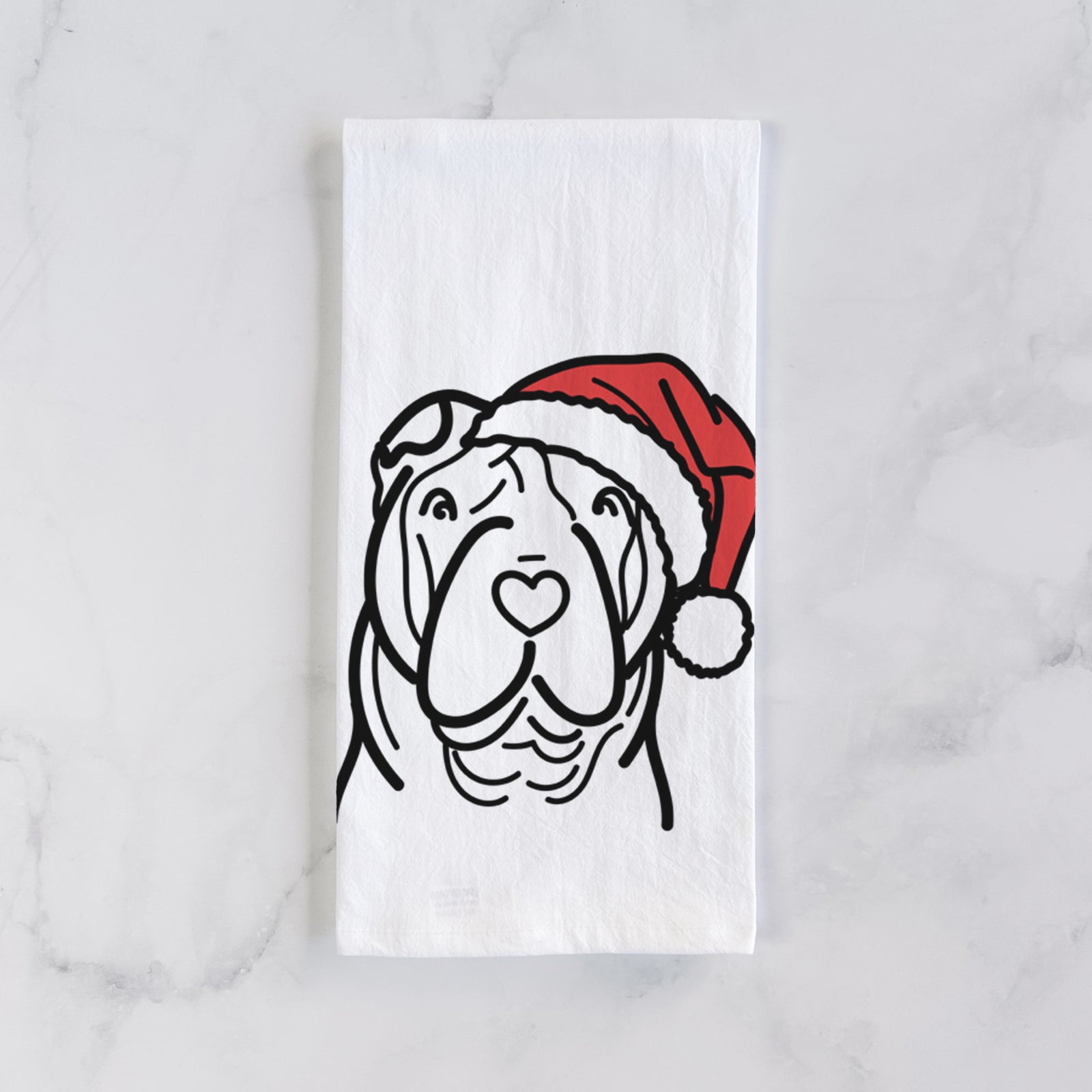 Minimalist line drawing of a Shar Pei wearing a Santa hat on a tea towel