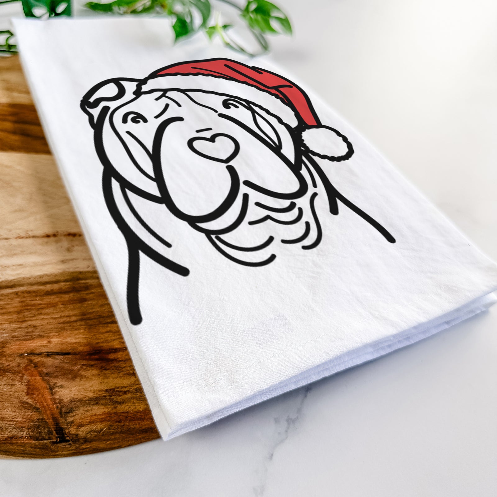 Minimalist line drawing of a Shar Pei wearing a Santa hat on a tea towel