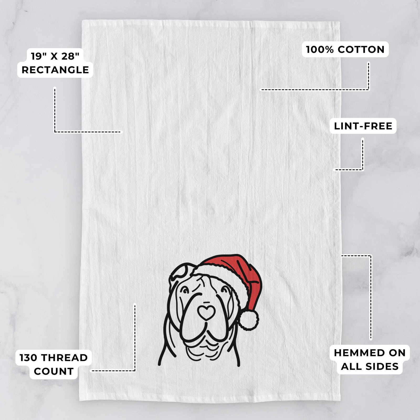 Minimalist line drawing of a Shar Pei wearing a Santa hat on a tea towel, with feature callouts: 19 x 28 inch rectangle, 100% cotton, lint-free, 120 thread count, hemmed on all sides