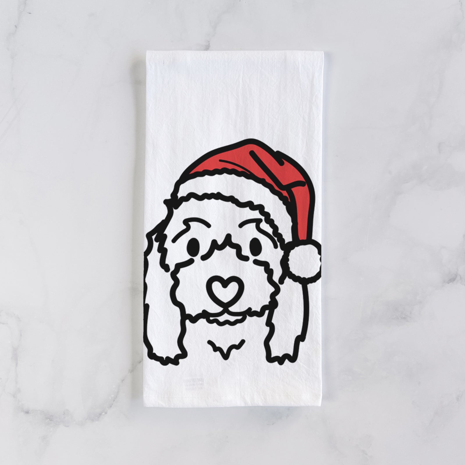 Minimalist line drawing of Sophie the Coton de Tulear wearing a Santa hat on a tea towel