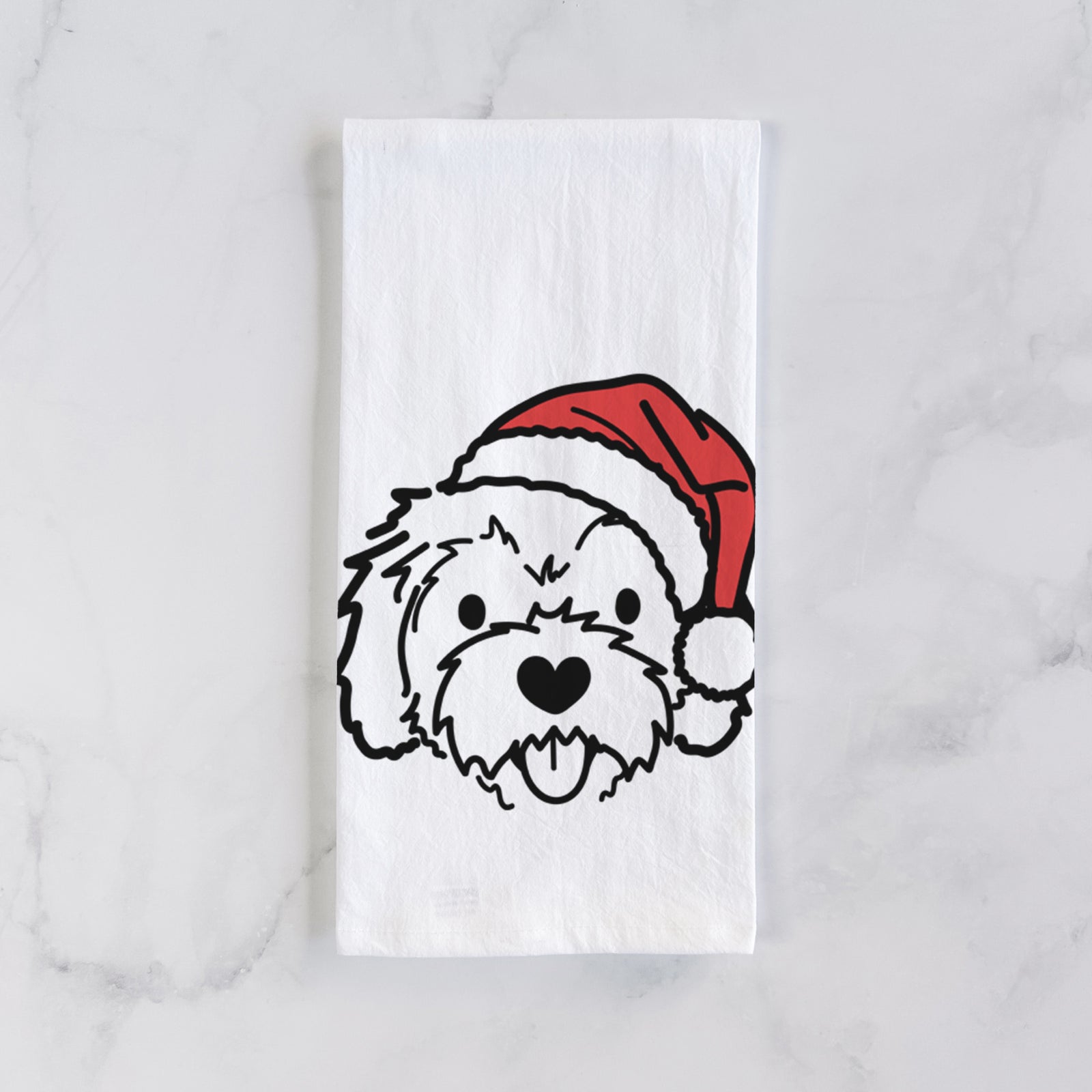 Minimalist line drawing of Sprinkles the Cockapoo wearing a Santa hat on a tea towel