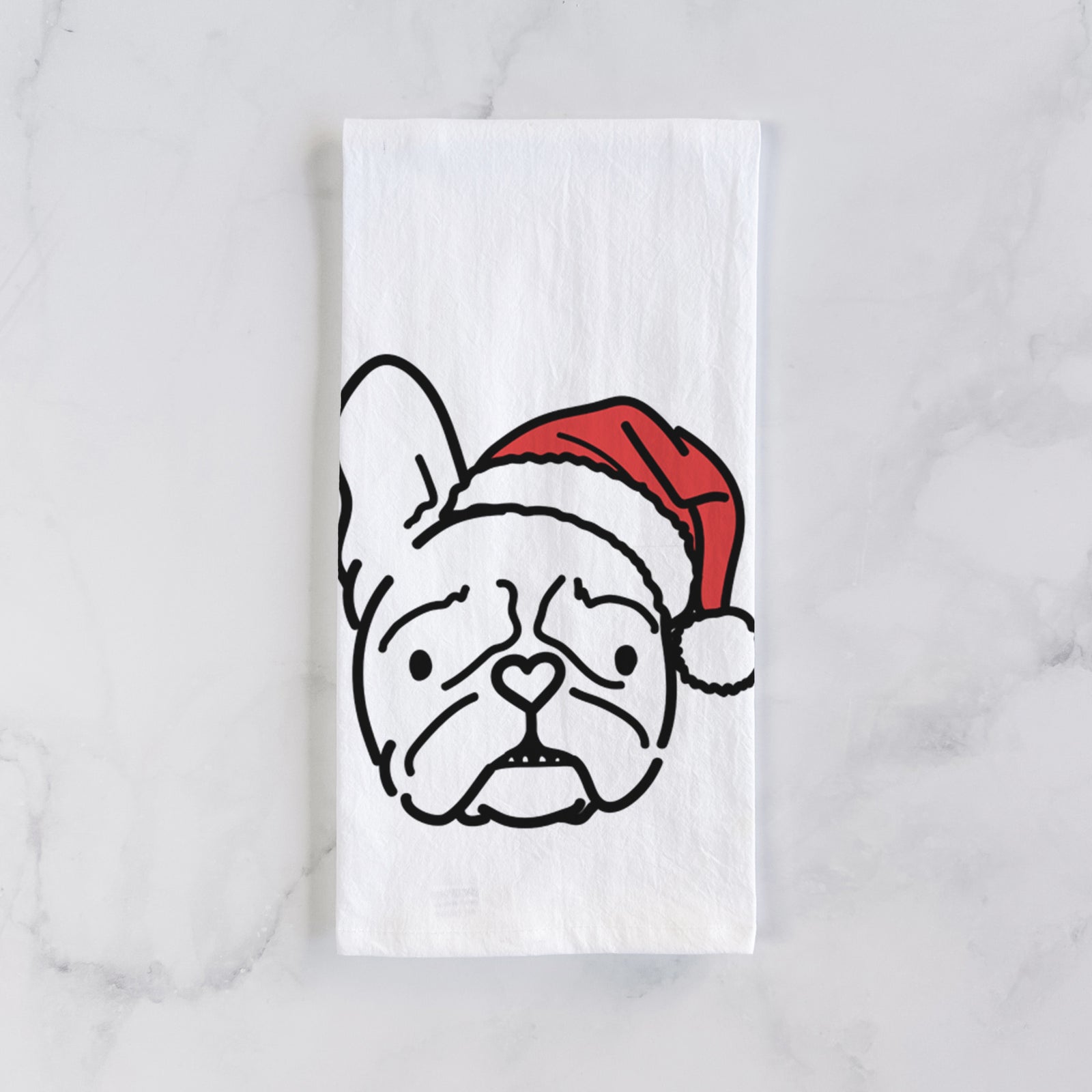 Minimalist line drawing of Squishy the French Bulldog wearing a Santa hat on a tea towel