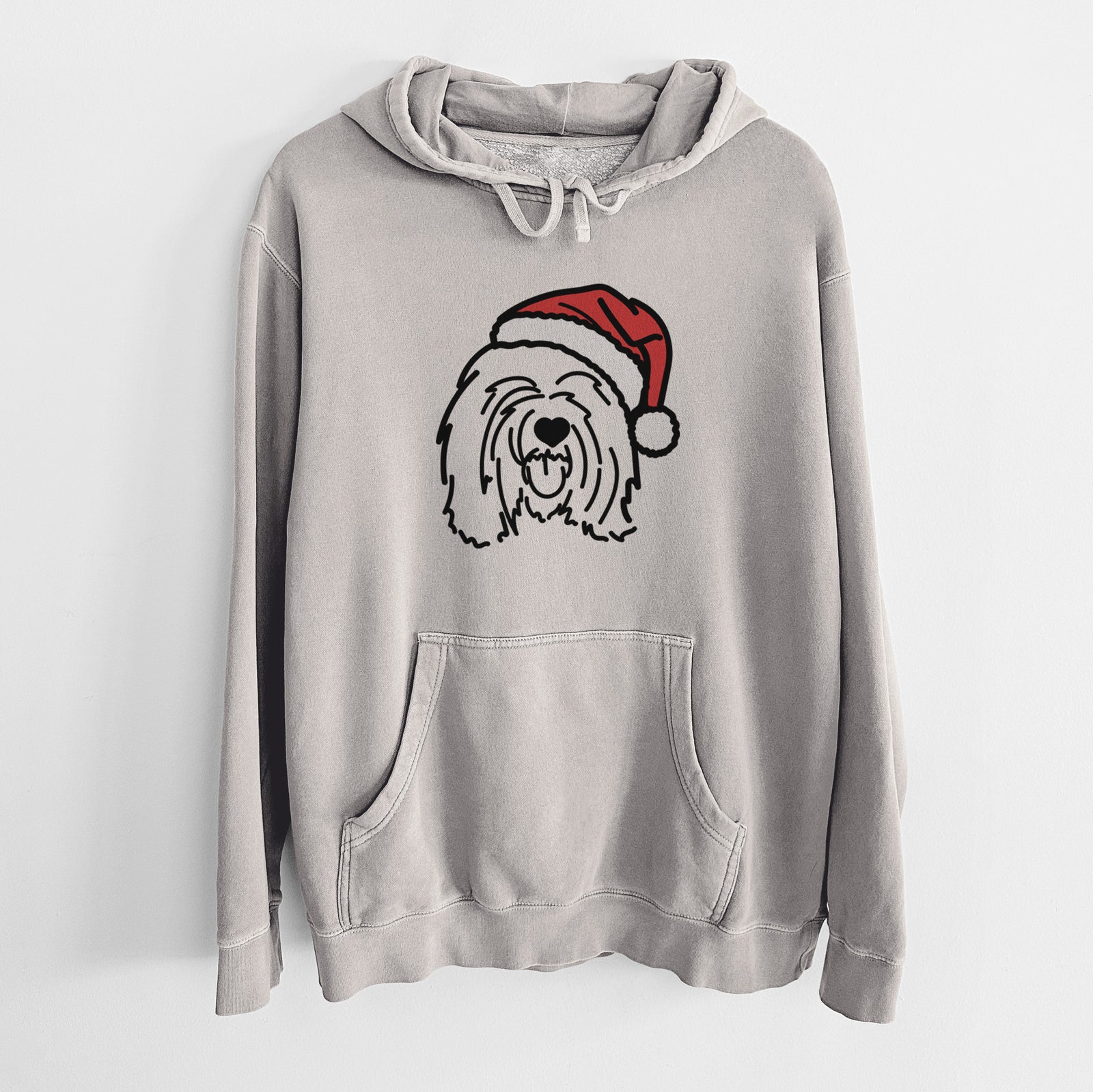 Minimalist line drawing of Stan the Tibetan Mastiff wearing a Santa hat on a Cement Unisex pigment dyed hoodie