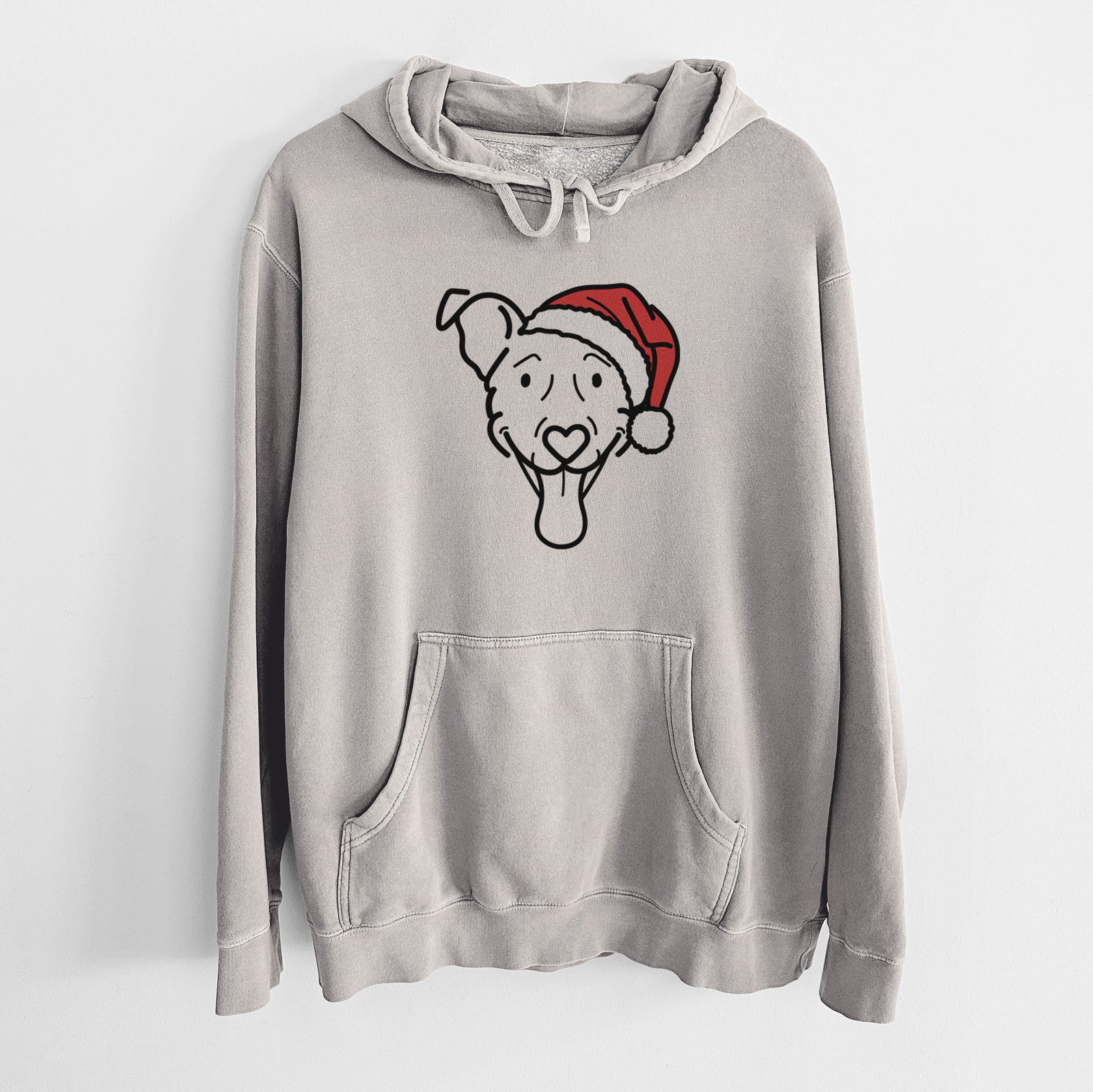 Minimalist line drawing of Tegan the Vizsla Mix wearing a Santa hat on a Cement Unisex pigment dyed hoodie