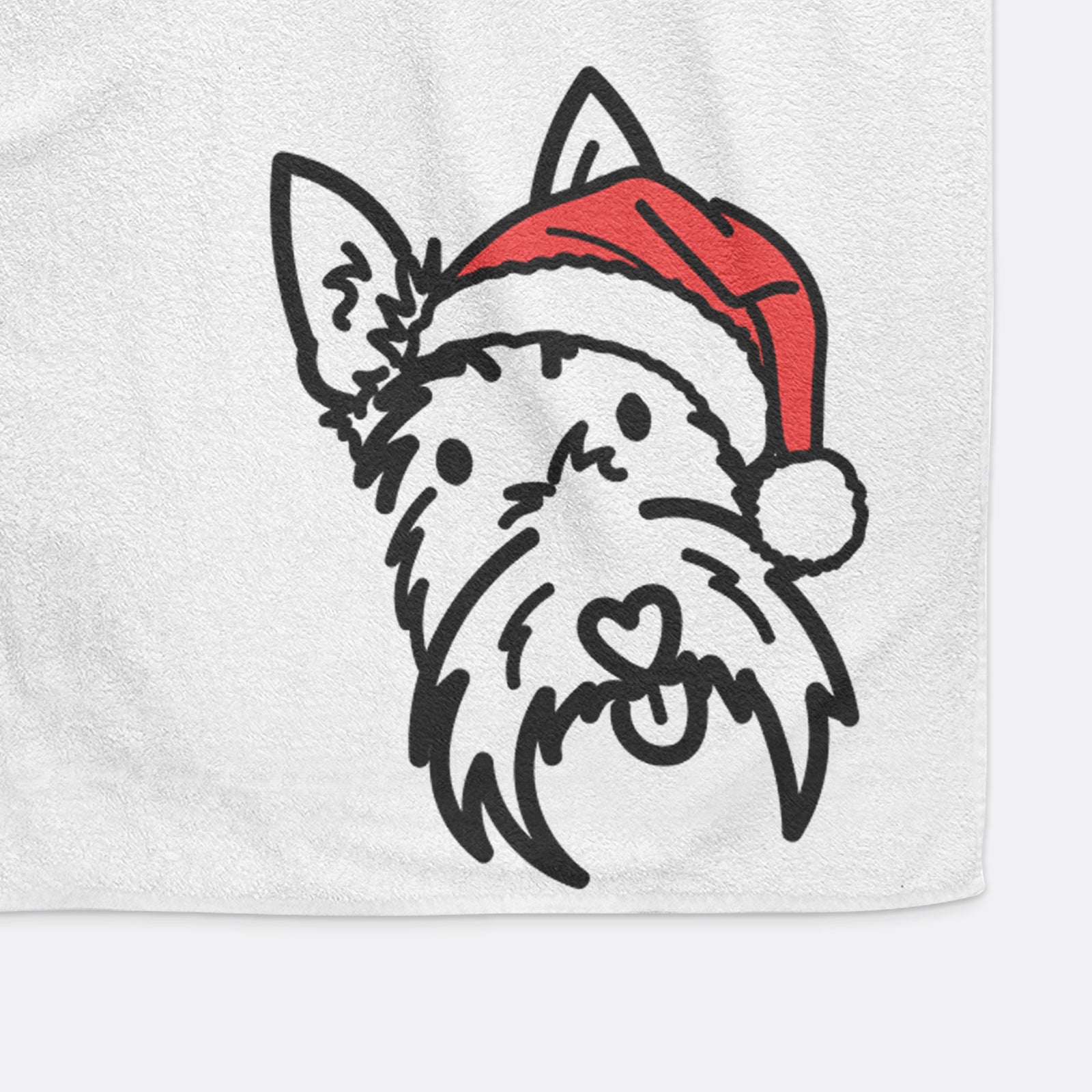 Minimalist line drawing of Thistle the Scottish Terrier wearing a Santa hat on a decorative hand towel