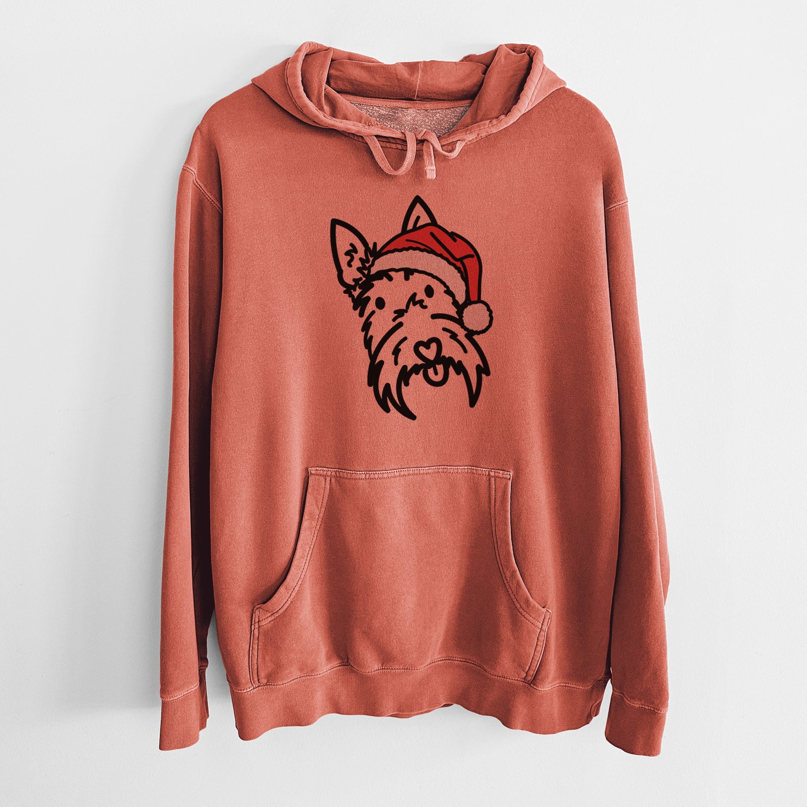 Minimalist line drawing of Thistle the Scottish Terrier wearing a Santa hat on an Amber Unisex pigment dyed hoodie