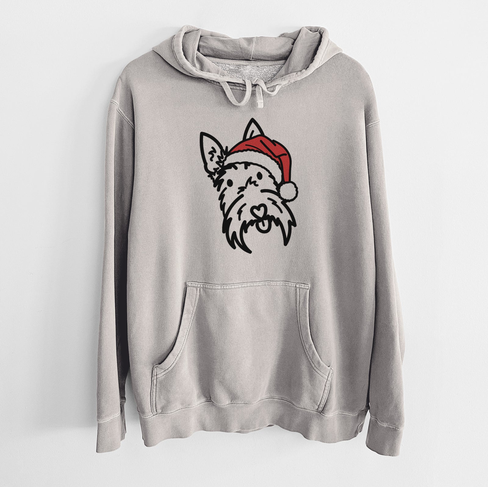 Minimalist line drawing of Thistle the Scottish Terrier wearing a Santa hat on a Cement Unisex pigment dyed hoodie