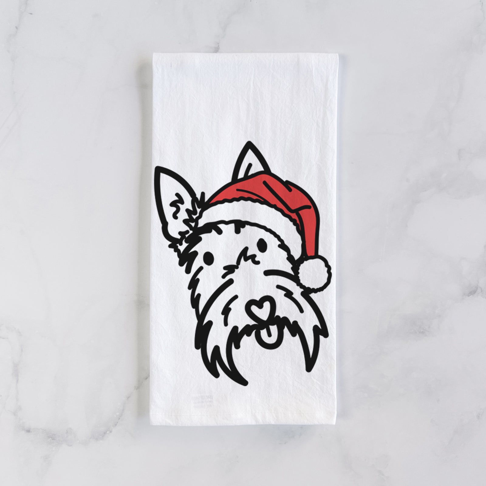 Minimalist line drawing of Thistle the Scottish Terrier wearing a Santa hat on a tea towel