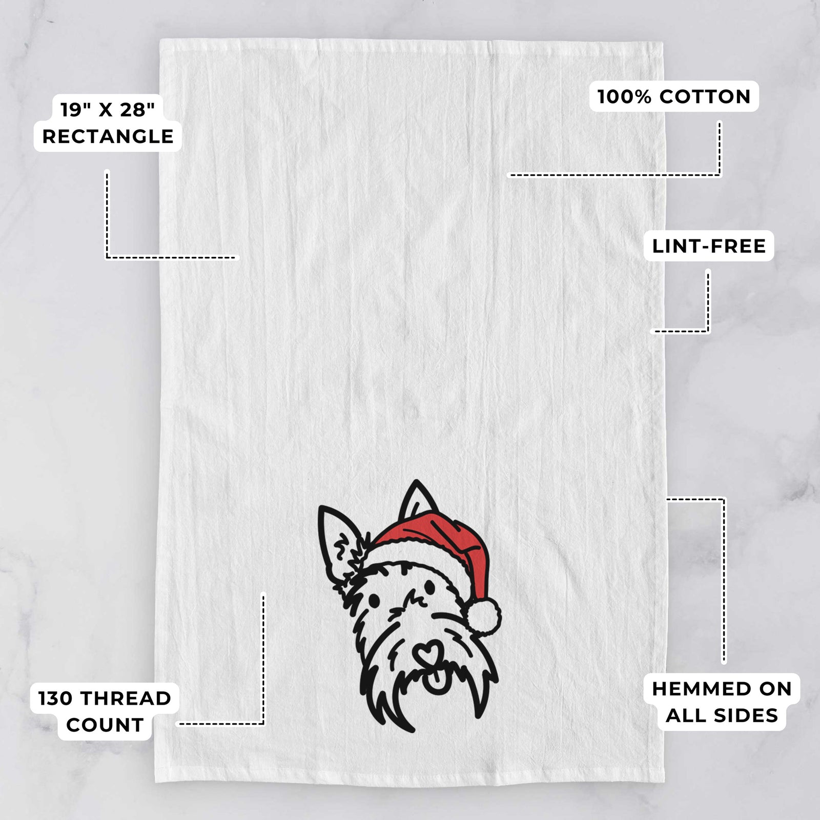 Minimalist line drawing of Thistle the Scottish Terrier wearing a Santa hat on a tea towel, with feature callouts: 19 x 28 inch rectangle, 100% cotton, lint-free, 120 thread count, hemmed on all sides