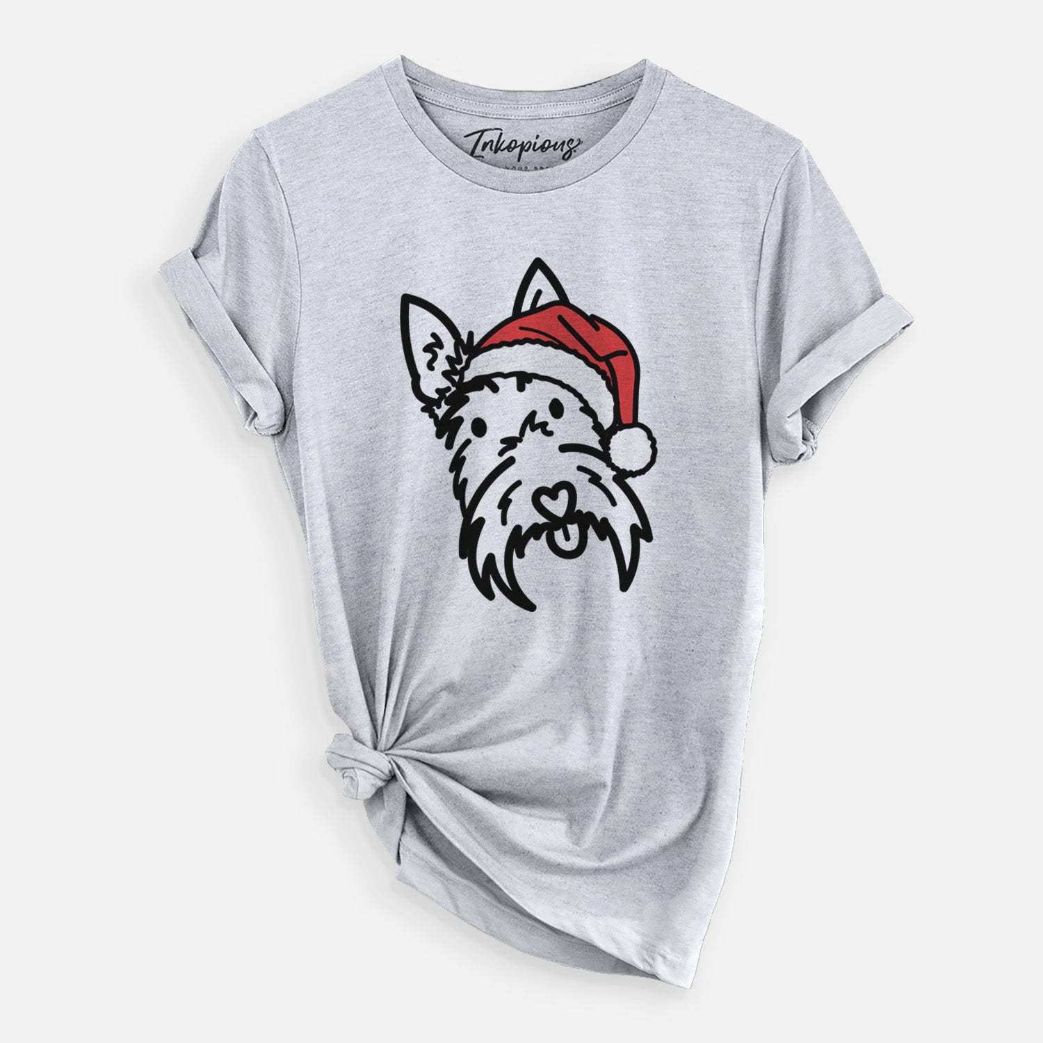 Minimalist line drawing of Thistle the Scottish Terrier wearing a Santa hat on a Grey Unisex crewneck