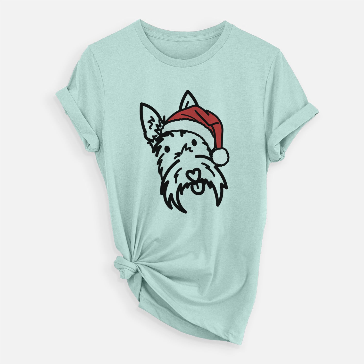 Minimalist line drawing of Thistle the Scottish Terrier wearing a Santa hat on a Heather Sage Unisex crewneck