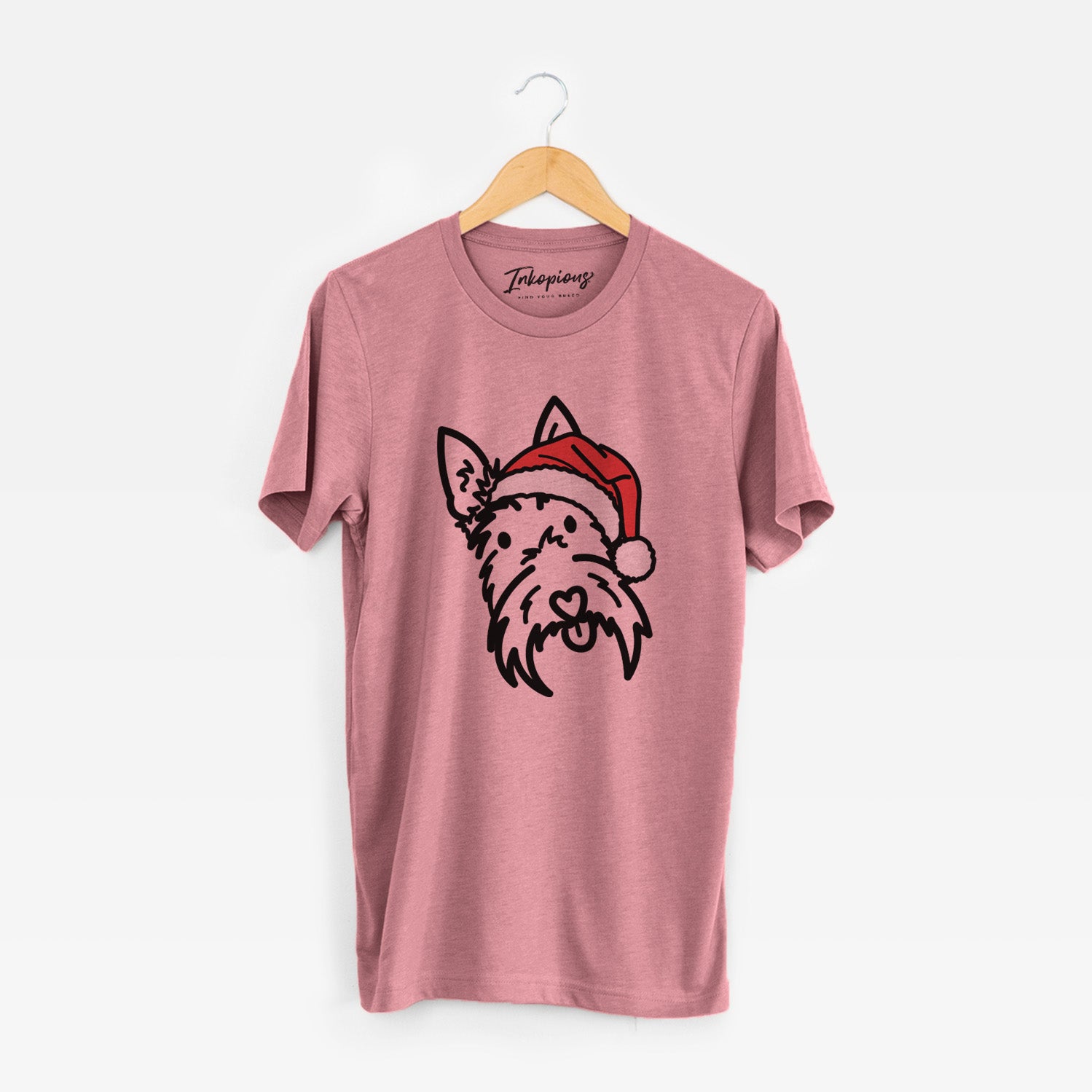 Minimalist line drawing of Thistle the Scottish Terrier wearing a Santa hat on a Mauve Unisex crewneck
