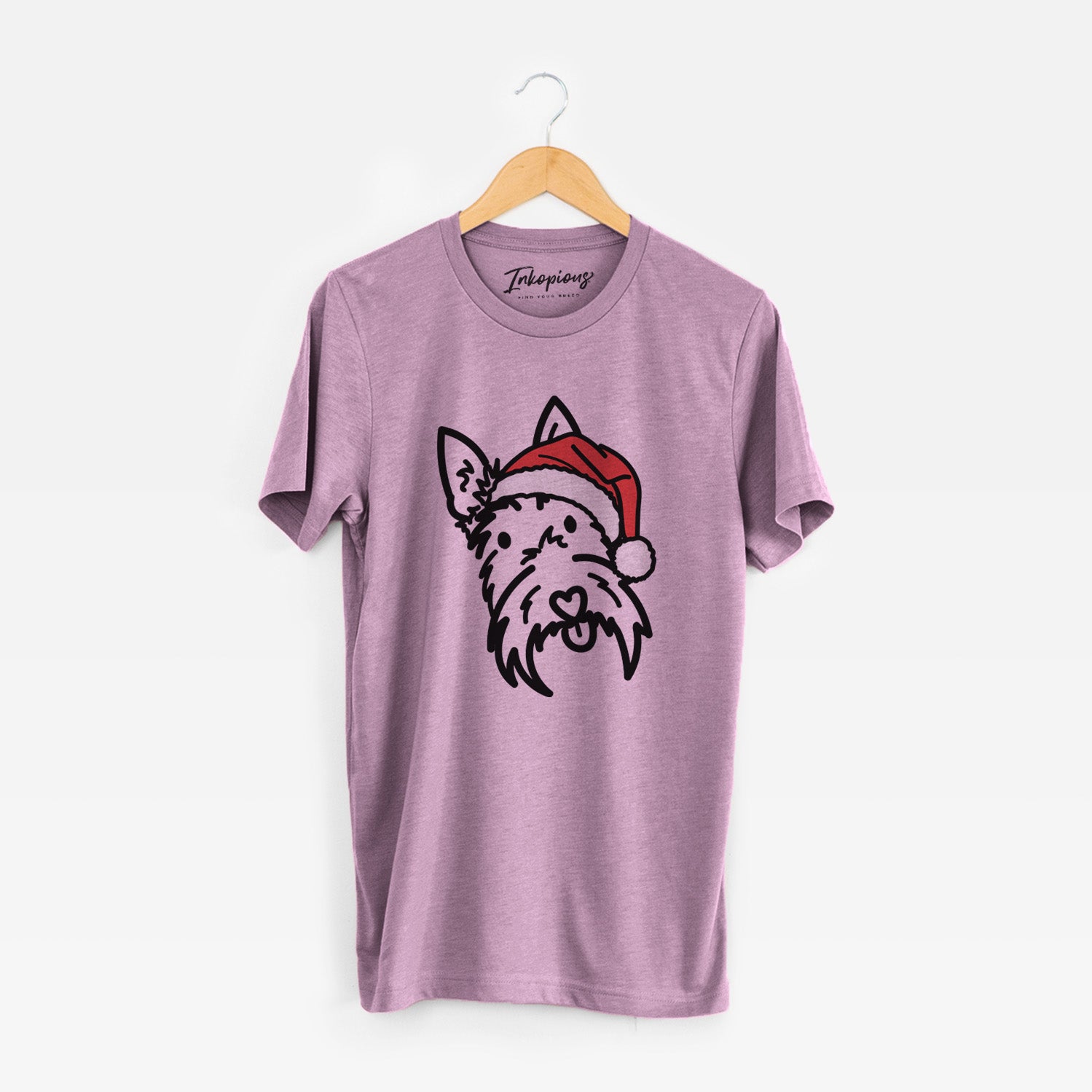 Minimalist line drawing of Thistle the Scottish Terrier wearing a Santa hat on an Orchid Unisex crewneck