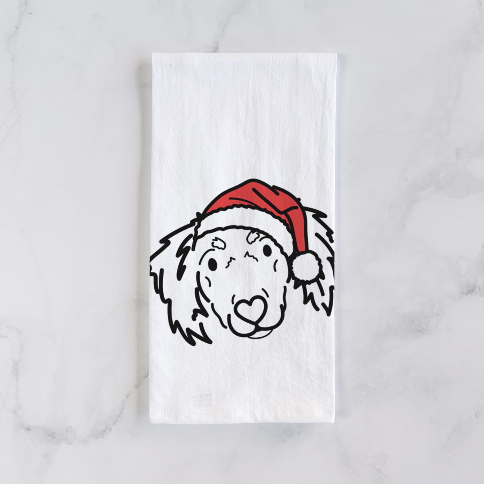 Minimalist line drawing of Tilly the Dachshund Mix wearing a Santa hat on a tea towel