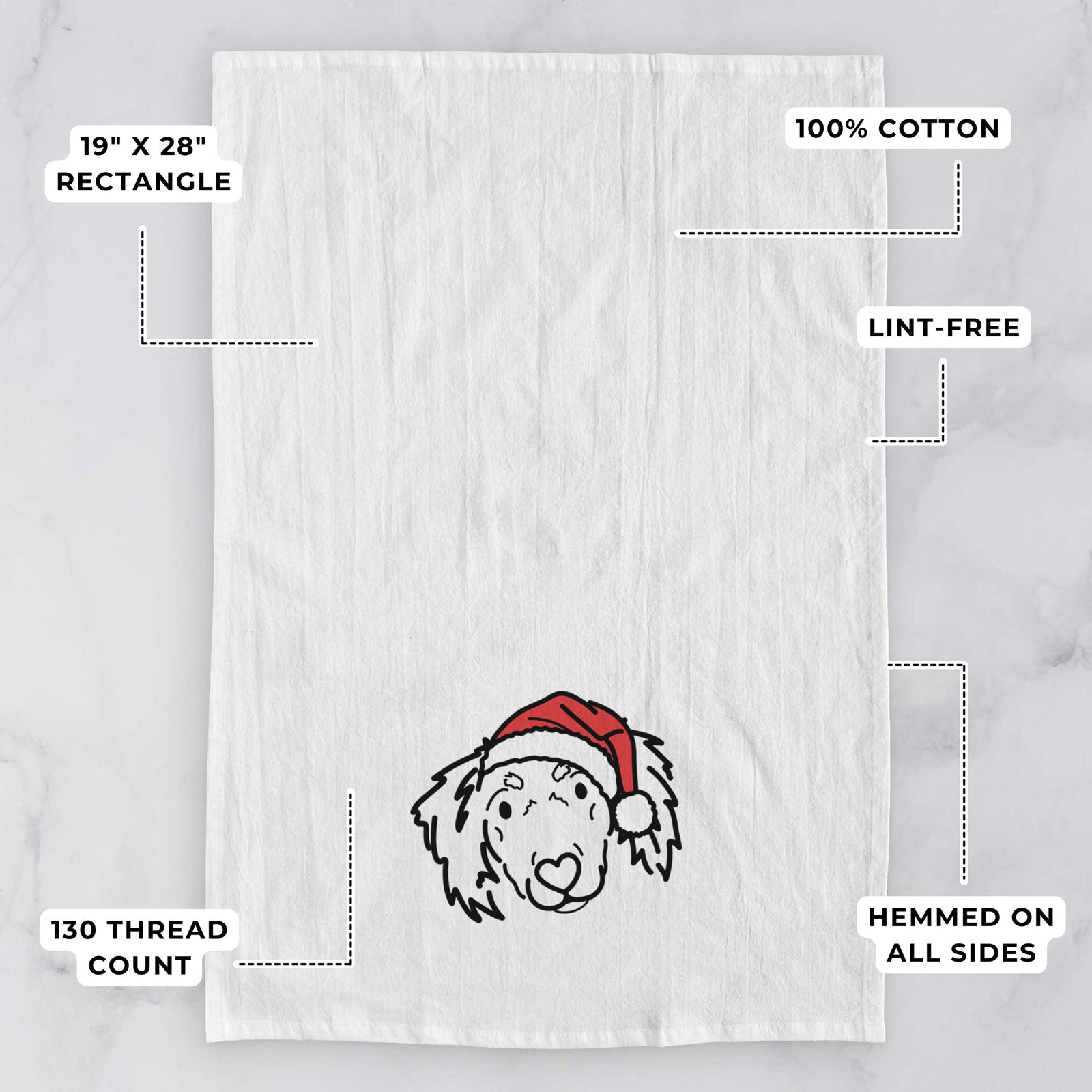 Minimalist line drawing of Tilly the Dachshund Mix wearing a Santa hat on a tea towel, with feature callouts: 19 x 28 inch rectangle, 100% cotton, lint-free, 120 thread count, hemmed on all sides