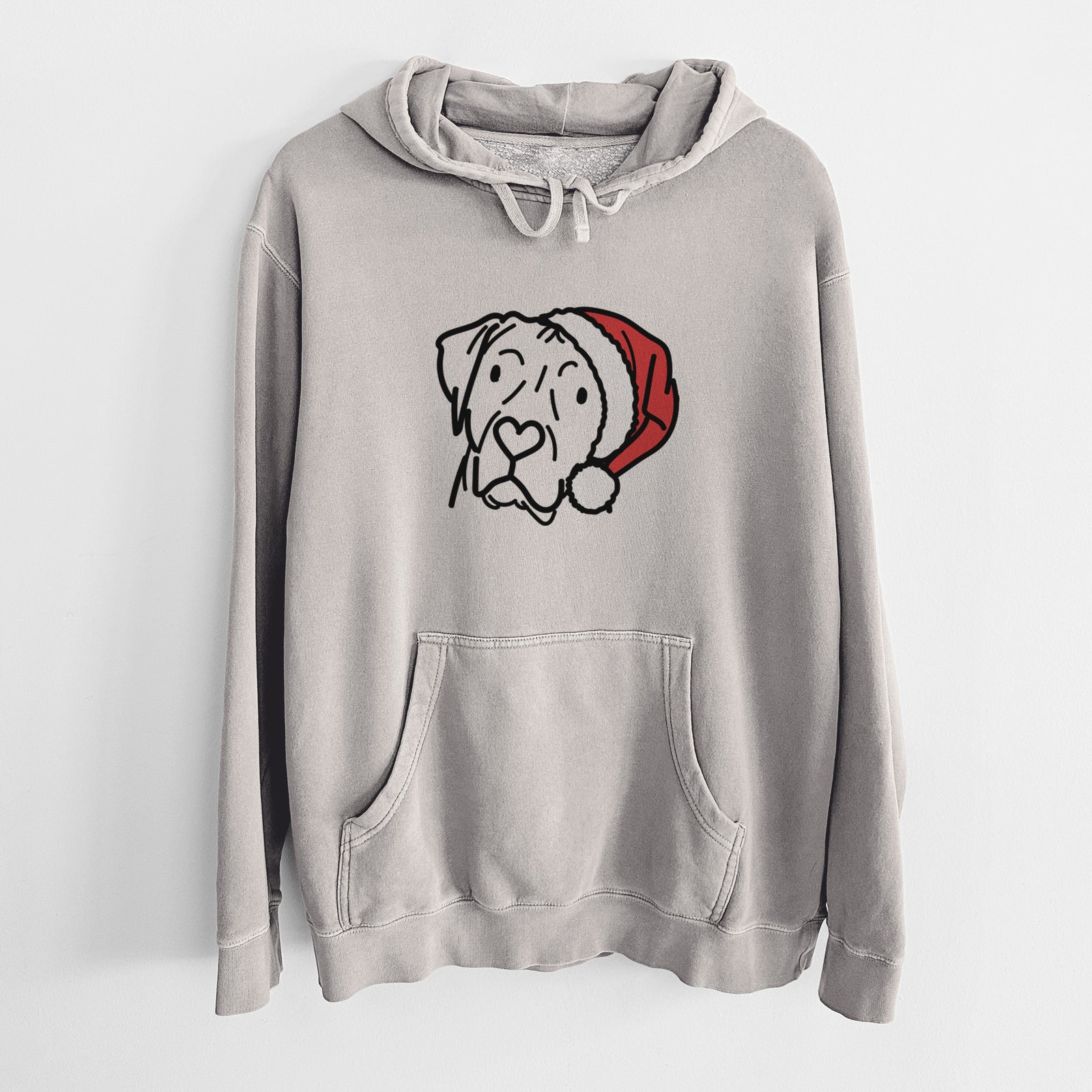 Minimalist line drawing of Tito the Rhodesian Ridgeback wearing a Santa hat on a Cement Unisex pigment dyed hoodie