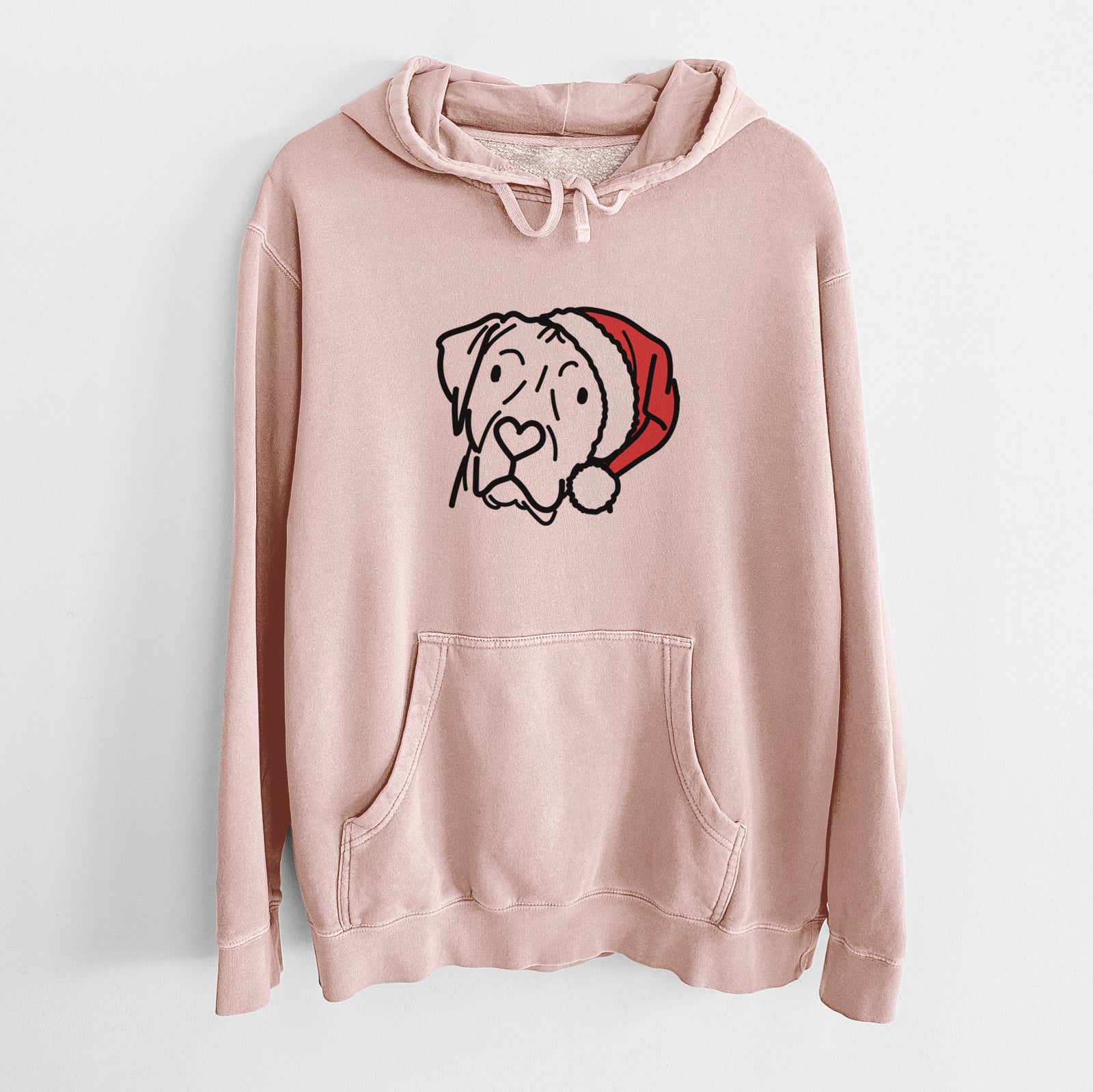 Minimalist line drawing of Tito the Rhodesian Ridgeback wearing a Santa hat on a Dusty Pink Unisex pigment dyed hoodie